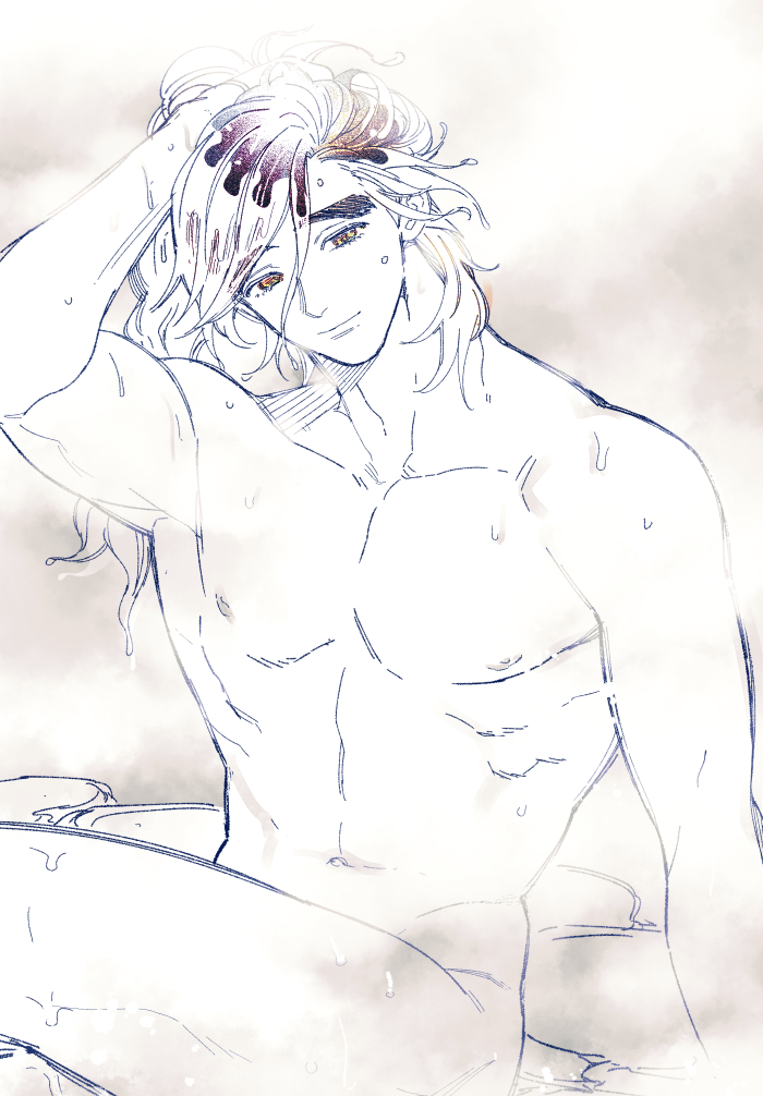 bathing completely_nude demon_slayer douma hand_on_head kimetsu_no_yaiba kureten long_hair_male looking_at_viewer male male_only muscular muscular_male nude onsen sitting smile solo steam thick_eyebrows wet wet_hair