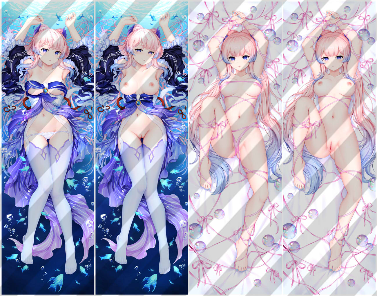 1girls, big breasts, bondage, bra, breasts, dakimakura, dakimakura design, female, genshin impact, laying down, lingerie, nipples, panties, pink hair, purple eyes, purple hair, pussy, sangonomiya kokomi, shrimp catcher, thick thighs, thighhighs, thighs, vagina