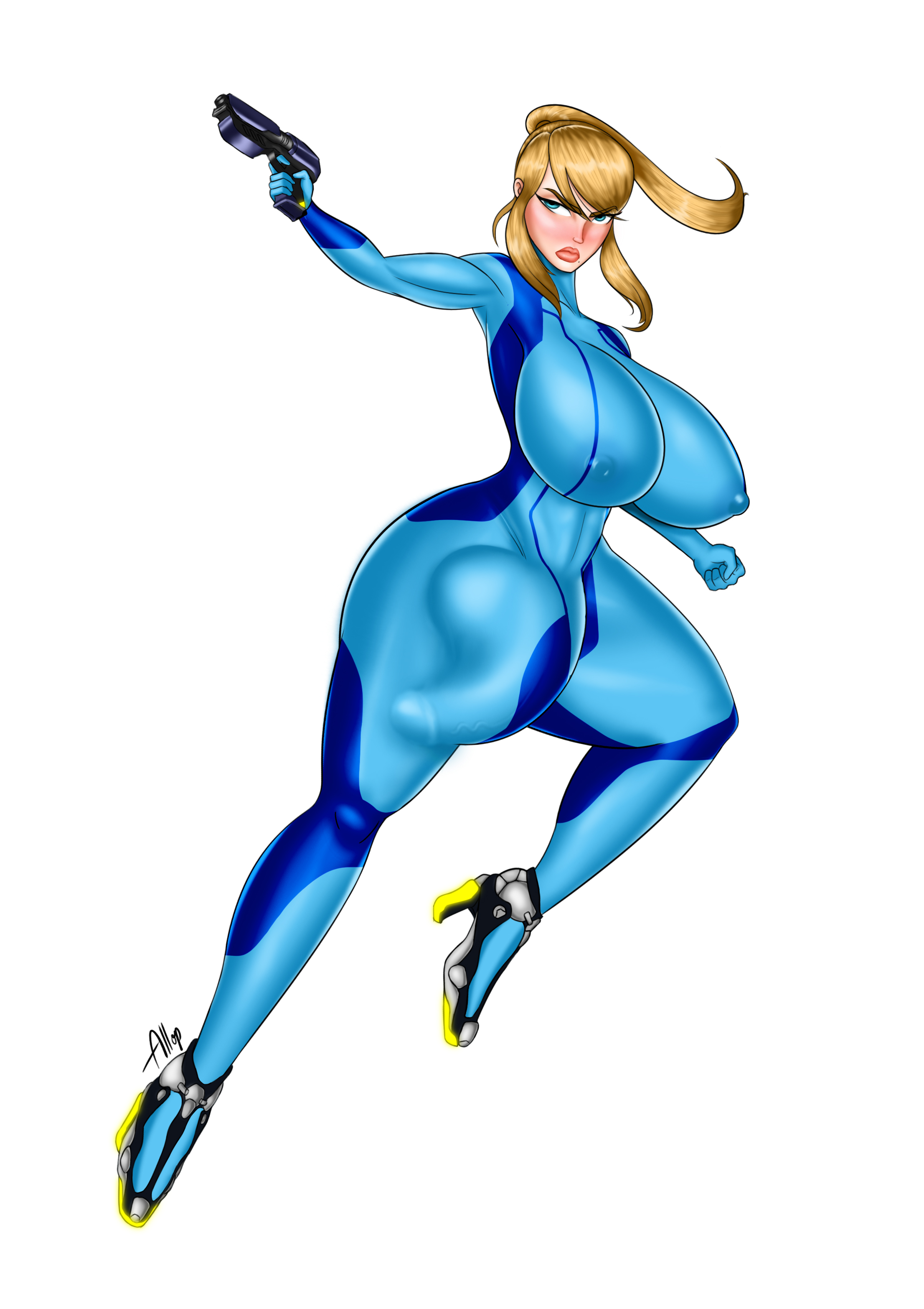 1futa, action pose, allop, alternate breast size, ass, balls, big ass, big balls, big breasts, big butt, big penis, blonde hair, blue eyes, bodysuit, breasts, bulge, clothed, clothing, fat ass, female, fully clothed, futa only, futanari, hourglass figure, huge ass, huge balls, huge breasts, huge butt, huge cock, huge testicles, human, intersex, light skin, light-skinned futa, metroid, mole, mole under mouth, nintendo, nipple bulge, nipples, nipples visible through clothing, pale skin, penis, penis under clothes, pinup, samus aran, simple background, skin tight, small waist, solo, super smash bros., testicles, thick ass, thick legs, thick thighs, voluptuous, white background, wide hips, zero suit samus