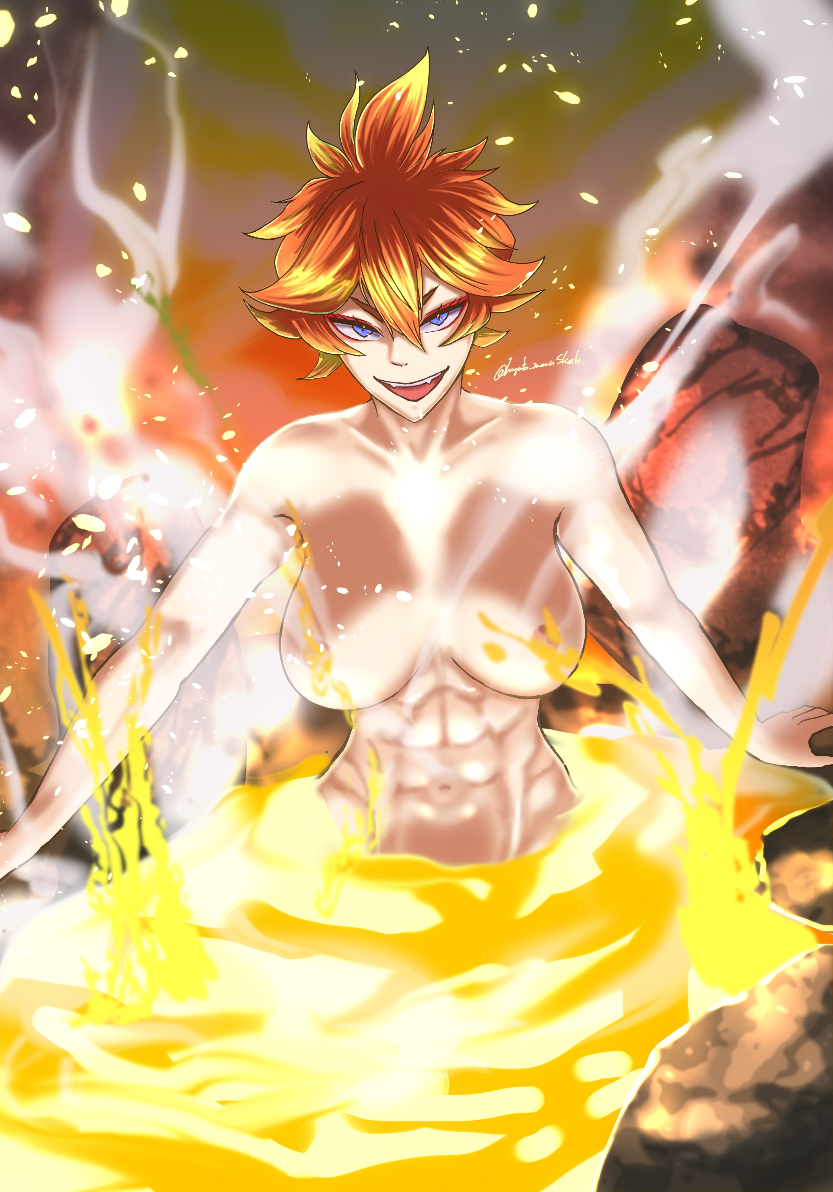 abs, bathing, big breasts, black clover, breasts, female, human, lava, lava bath, mereoleona vermillion, muscular, muscular female, naked, nude, redhead, solo female, solo focus, tagme