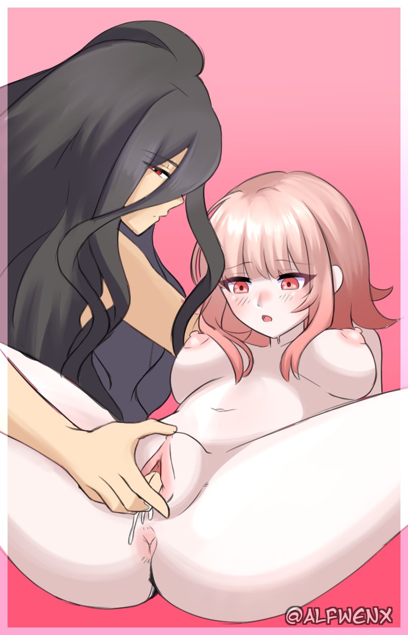 1boy 1boy1girl 1girls alfwenx big_breasts black_hair blush breasts danganronpa danganronpa_2:_goodbye_despair danganronpa_3 fingering fingering_partner fingering_pussy hair izuru_kamukura long_hair naked nanami_chiaki nipples nude nude_female pink_eyes pink_hair red_eyes short_hair smooth_skin very_long_hair video_games