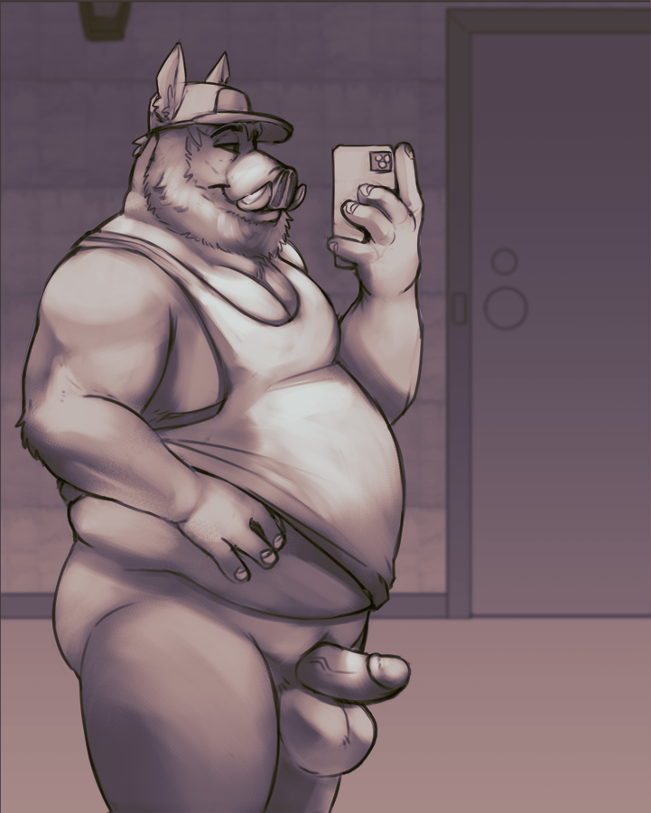 2021 anthro balls belly cellphone clothing detailed_background erection genitals hat headgear headwear horrorbuns humanoid_genitalia humanoid_hands humanoid_penis inside male mammal overweight overweight_male penis phone shirt smartphone solo suid suina sus_(pig) tank_top topwear wild_boar