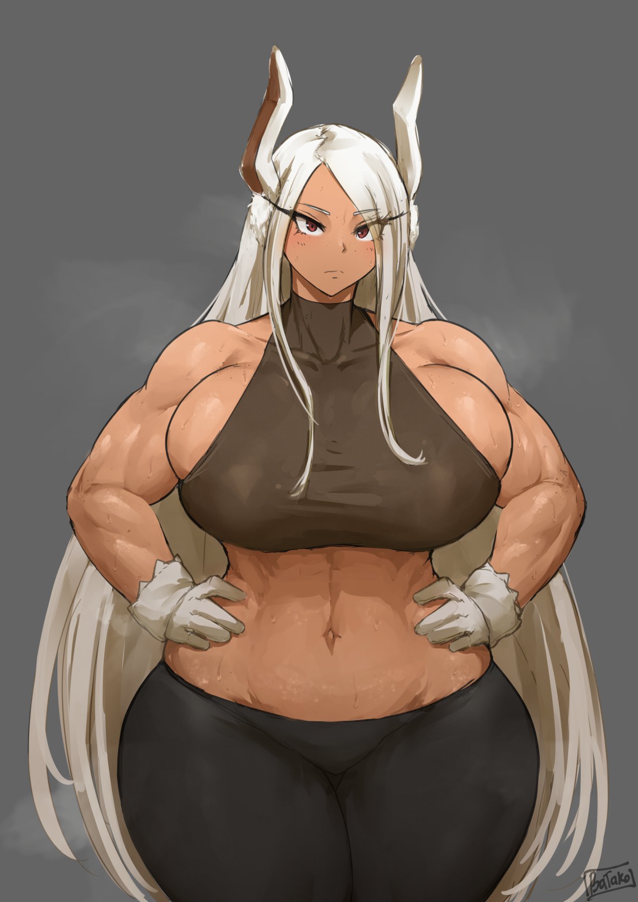 abs, amazon, batako, big breasts, breasts, curvy, dark skin, dark-skinned female, female, hands on hips, huge breasts, long hair, looking at viewer, mature female, midriff, miruko, muscular, muscular arms, muscular female, my hero academia, overflowing breasts, rabbit ears, rabbit girl, rumi usagiyama, white hair, wide hips, workout clothes