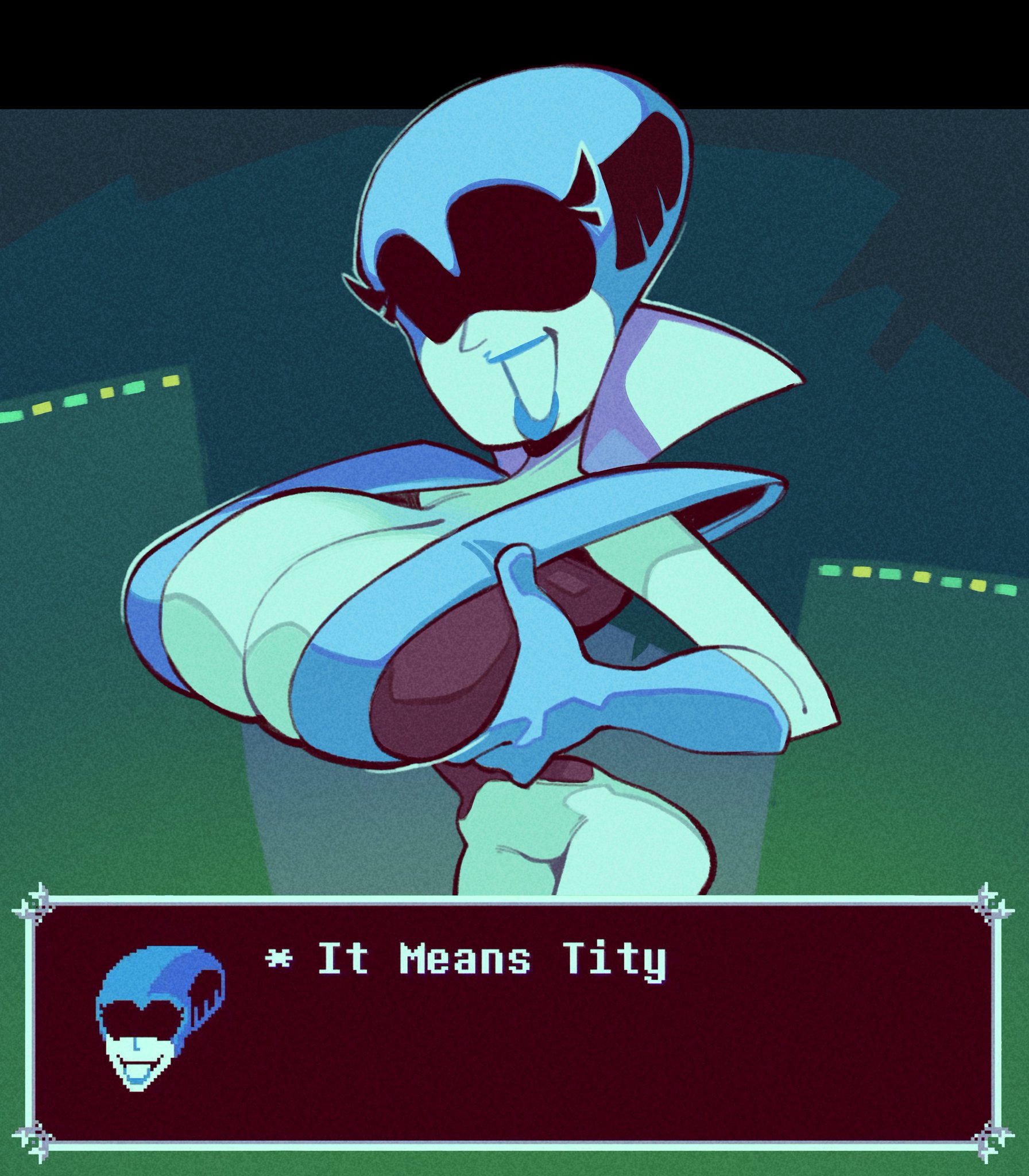 1girls, big breasts, blue gloves, blue lipstick, breasts, cleavage, deltarune, deltarune chapter 2, english text, female, female only, gloves, queen (deltarune), robot, robot girl, solo female, tagme, text, text box, visor, white skin, white text, zephyrgales