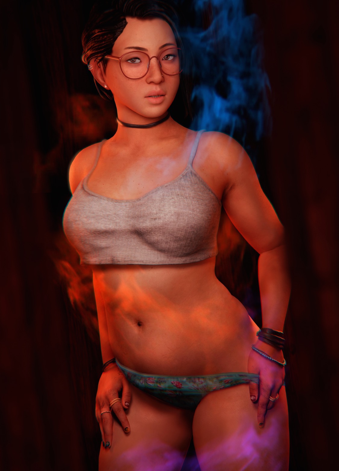 1girls, 3d, alex chen, alternate version available, belly, belly button, black hair, bra, bracelet, breasts, choker, chubby, ear piercing, female, female focus, female only, freckles, front view, glasses, highres, life is strange, life is strange: true colors, looking at viewer, medium breasts, nail polish, nose piercing, panties, panty pull, ring, short hair, skstalker, solo, solo focus, thick thighs, underwear, underwear only, wide hips