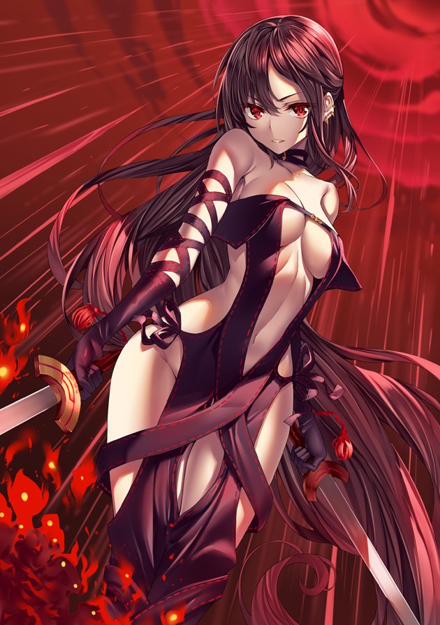 arm_strap bangs bare_shoulders black_dress black_gloves blurry blurry_foreground breasts brown_hair center_opening choker clavicle depth_of_field dress dual_wielding ear_piercing earrings elbow_gloves fate/grand_order fate_(series) female female fire floating_hair glint gloves heirou holding holding_sword holding_weapon jewelry light_particles light_rays long_hair looking_at_viewer medium_breasts multiple_earrings navel petals piercing red_eyes revealing_clothes sidelocks solo strapless strapless_dress sword tagme very_long_hair weapon wind yu_miaoyi_(fate)