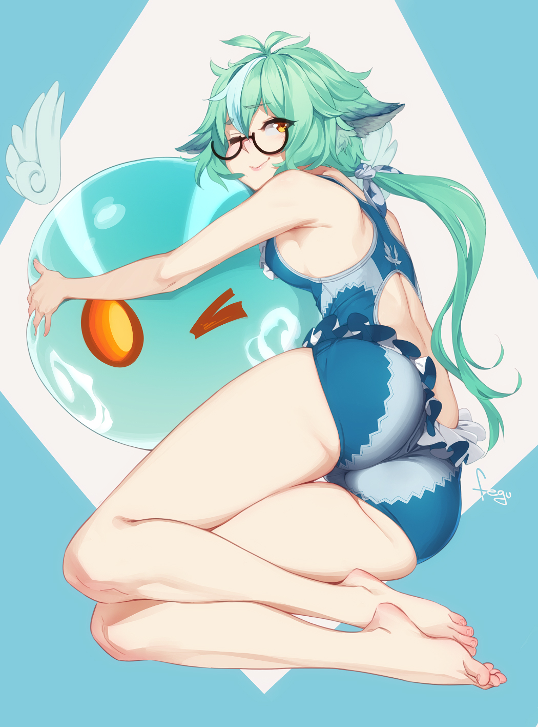 animal_ears ass barefoot blue_hair breasts casual_one-piece_swimsuit closed_mouth feet feguimel female frilled_swimsuit frills full_body genshin_impact glasses green_hair highres hug legs long_hair looking_at_viewer multicolored_hair one-piece_swimsuit one_eye_closed semi-rimless_eyewear sideboob slime_(genshin_impact) smile streaked_hair sucrose_(genshin_impact) swimsuit toes yellow_eyes