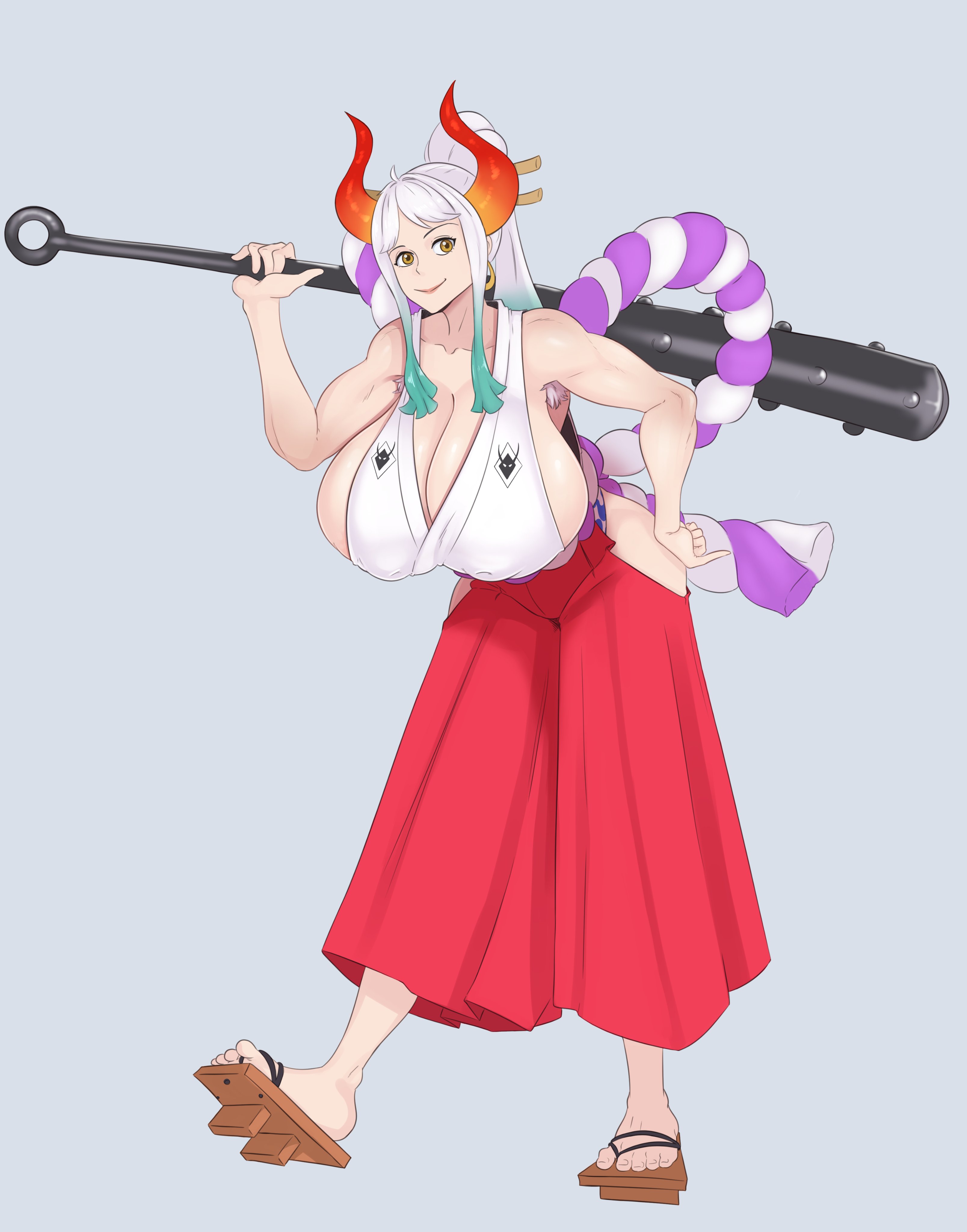 armpits, ass, big ass, big breasts, big butt, breasts, female, female only, fit, fit female, geta, hakama, horns, muscular, muscular female, one piece, shounen jump, sideboob, sunnysundown, tagme, white background, white hair, yamato (one piece)