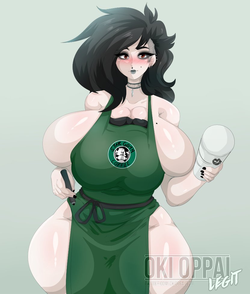 apron beauty_mark black_hair breasts_bigger_than_head coffee_cup eyeshadow female female_focus female_only huge_breasts iced_latte_with_breast_milk meme mole_on_breast mole_under_eye nail_polish naked_apron okioppai pandora_(okioppai) shaved_head voluptuous wide_hips