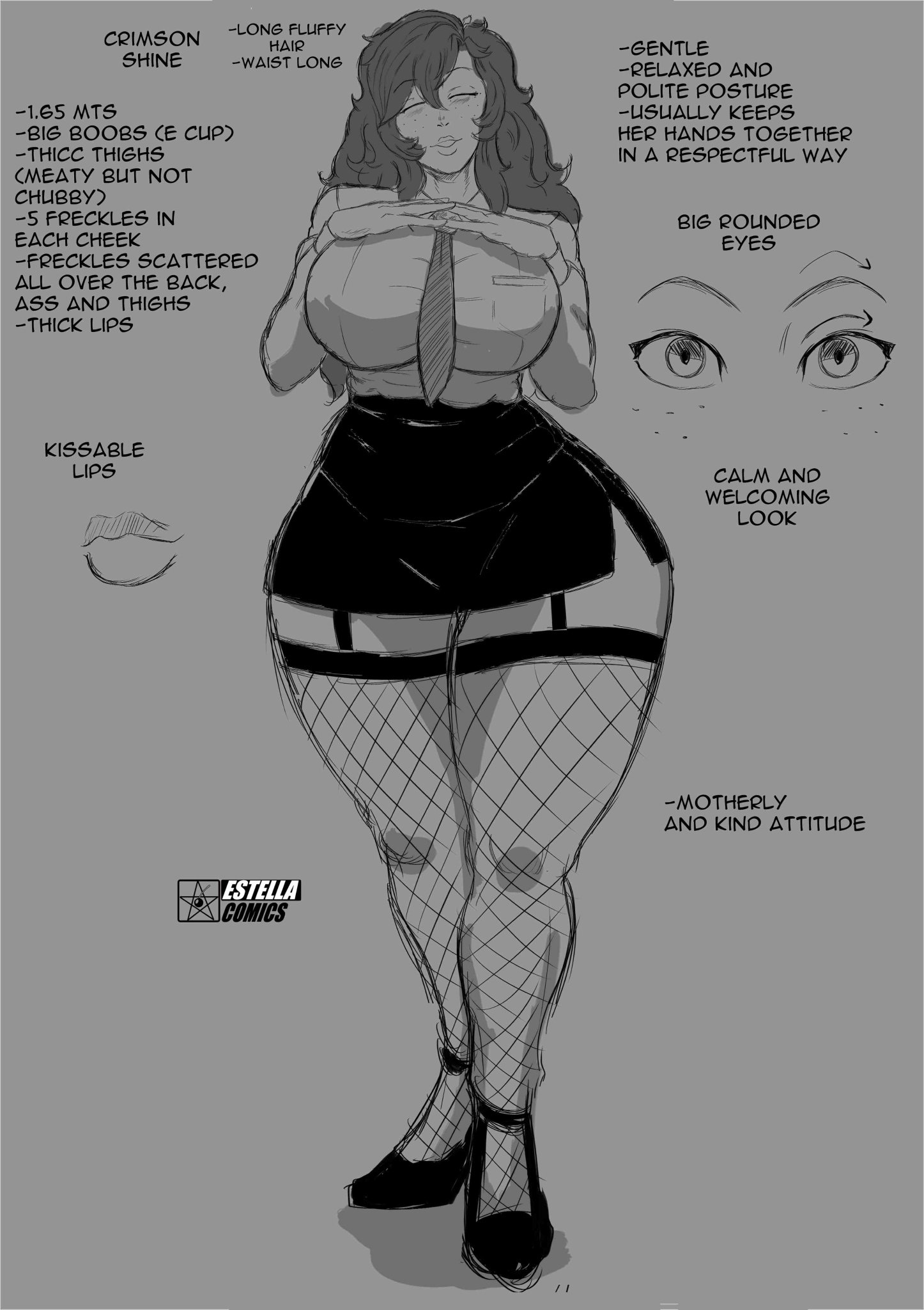 ass, big ass, big breasts, big butt, big thighs, breasts, character sheet, crimson sterlyn, english text, estella comics, female, female only, fishnet stockings, fishnets, freckles, huge ass, huge breasts, huge butt, huge thighs, mannyestella, monochrome, mrestella, original, original character, sketch, text, thick thighs