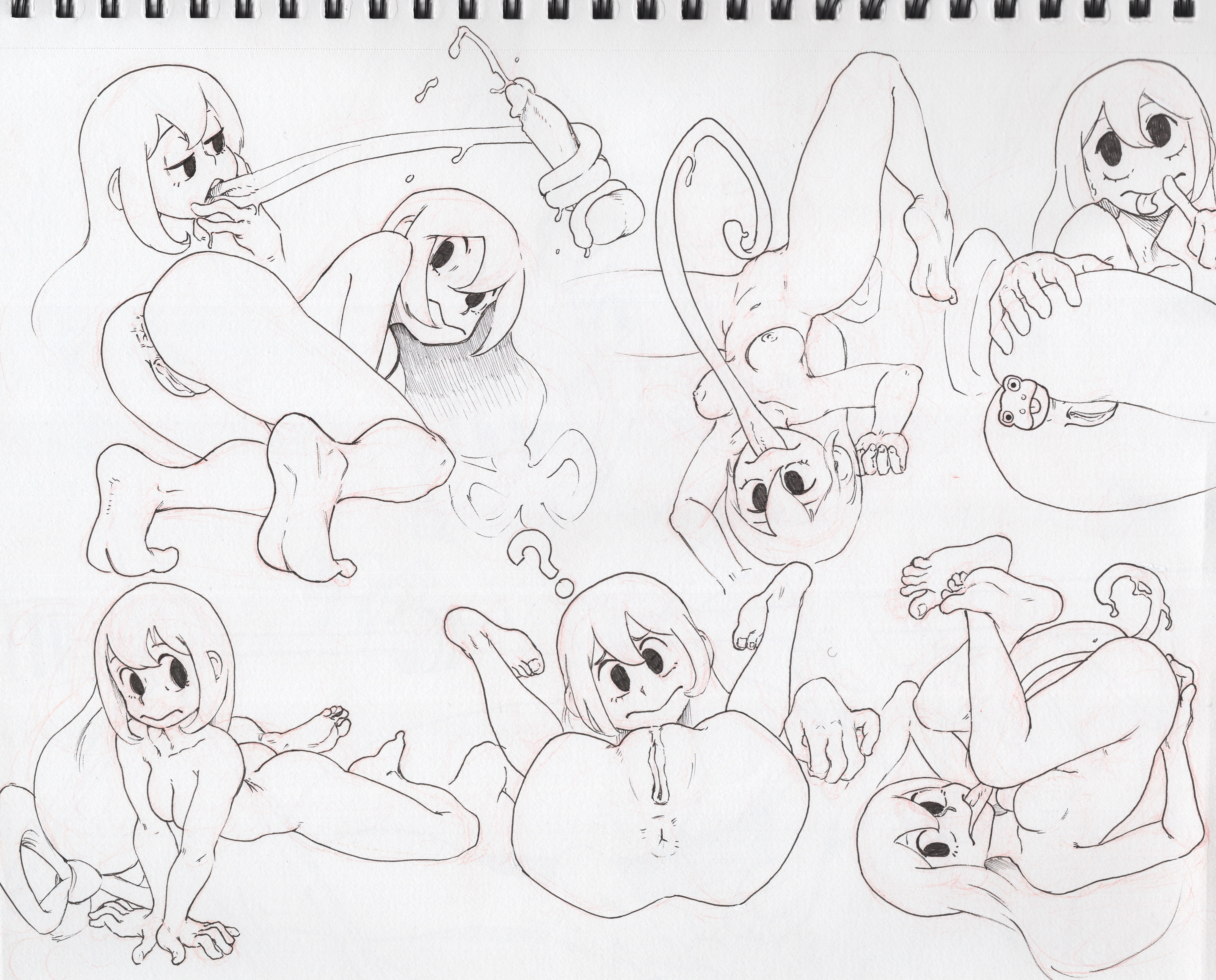 anus, ass, breasts, female, from behind, line art, long hair, long tongue, male, monochrome, my hero academia, nude, oral, penis, pose, presenting, presenting hindquarters, pussy, sketch, skk, small breasts, traditional media (artwork), tsuyu asui