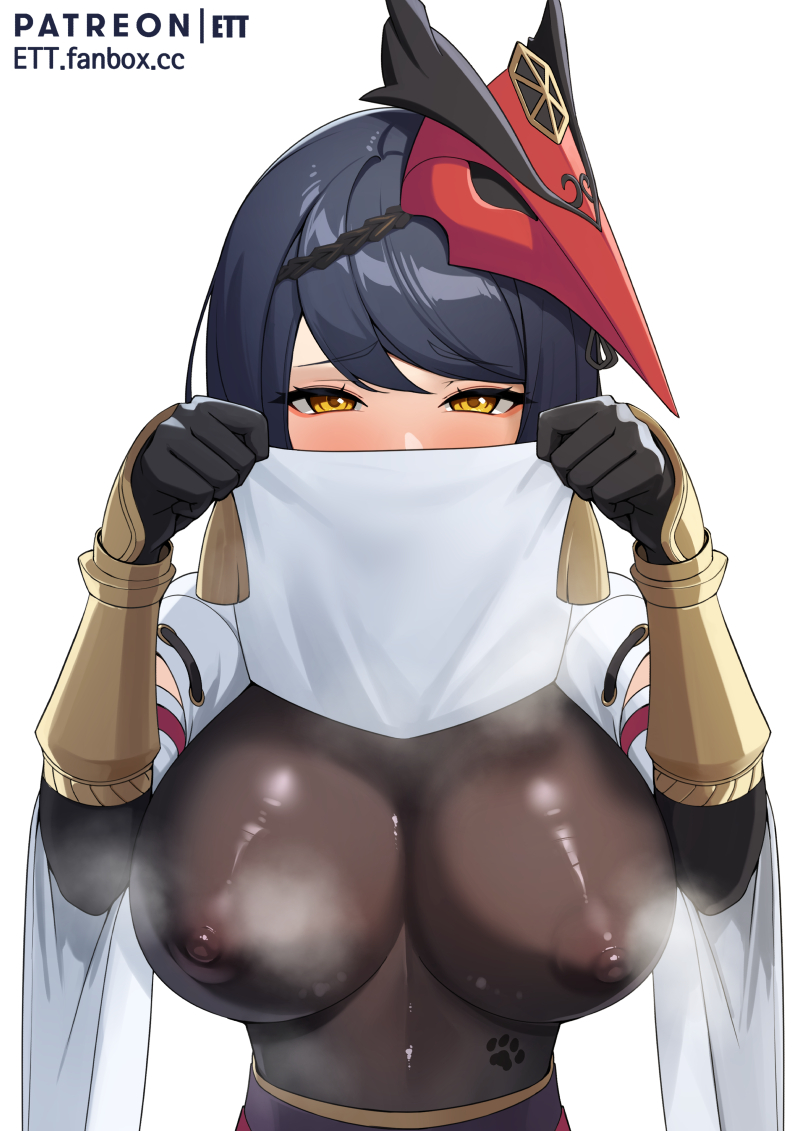 1girls big_breasts black_elbow_gloves black_gloves black_hair black_long_gloves breasts elbow_gloves embarrassed ett female female_only genshin_impact gloves kujou_sara large_breasts long_gloves mask mask_on_head nipples nipples_visible_through_clothing solo solo_female subjectivity yellow_eyes