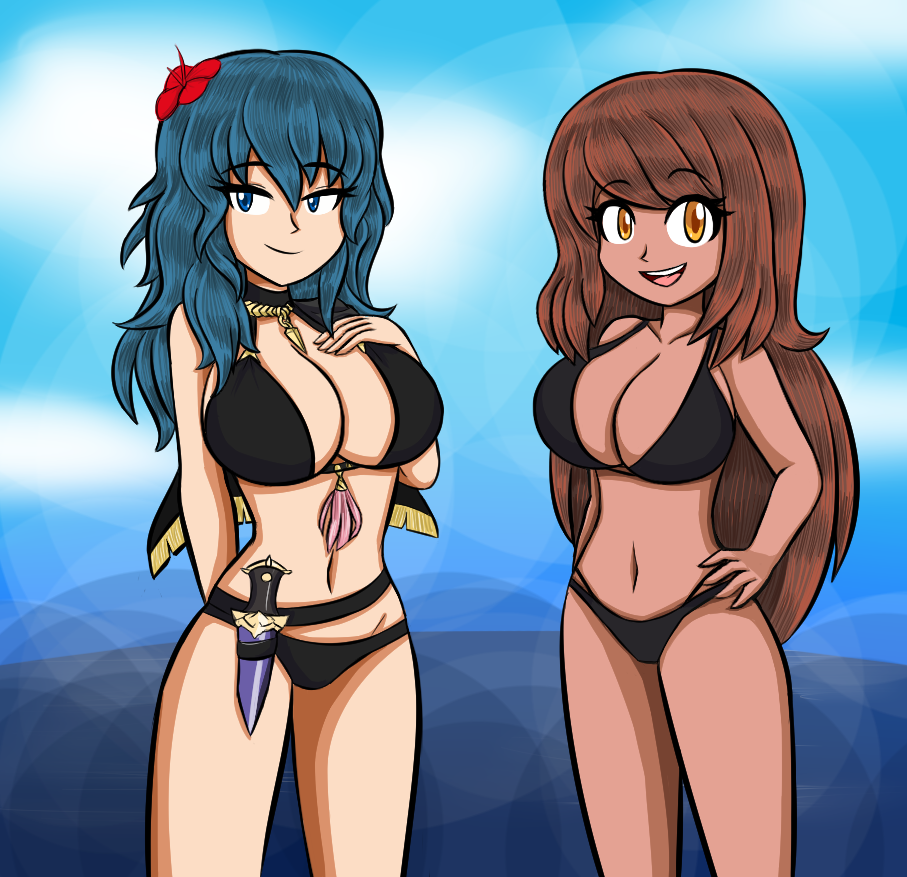 2girls alternate_costume bikini black_bikini black_swimsuit blue_eyes blue_hair breasts brown_hair brown_skin byleth_(fire_emblem) byleth_(fire_emblem)_(female) byleth_(summer)_(fire_emblem)_(female) cape cleavage dagger female female_only fire_emblem fire_emblem:_three_houses fire_emblem_heroes flower flower_in_hair hair_flower hand_on_hip hibiscus large_breasts light-skinned_female light_skin medium_hair nintendo official_alternate_costume original original_character outdoors outside swimsuit teal_hair thesilentdrawer weapon