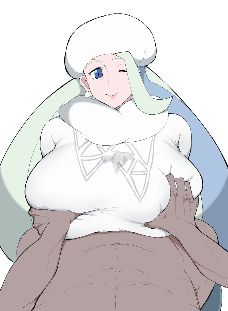 1boy, 1girls, bbw, big breasts, blue eyes, boobjob, breast grab, breasts, clothed female nude male, covered paizuri, cum through clothes, cum through clothing, dark skin, dark-skinned male, earrings, female, fujou joshi, grey hair, gym leader, hat, huge breasts, huzeu1, large breasts, long hair, male, mature female, melony (pokemon), milf, nintendo, outercourse, paizuri, paizuri under clothes, plump, pokemon, pokemon ss