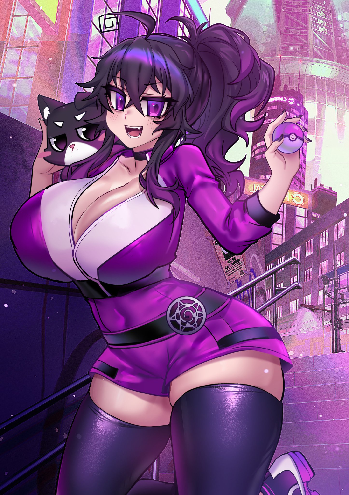alternate costume, alternate hairstyle, big breasts, breasts, choker, cleavage, crawling dreams, curvy, dark hair, female, higher resolution available, hourglass figure, huge breasts, light skin, light-skinned female, looking at viewer, nyarla (crawling dreams), osiimi, pale skin, pale-skinned female, pokeball, pokemon, pokemon go, ponytail, purple eyes, sharp teeth, thick thighs, thighhighs