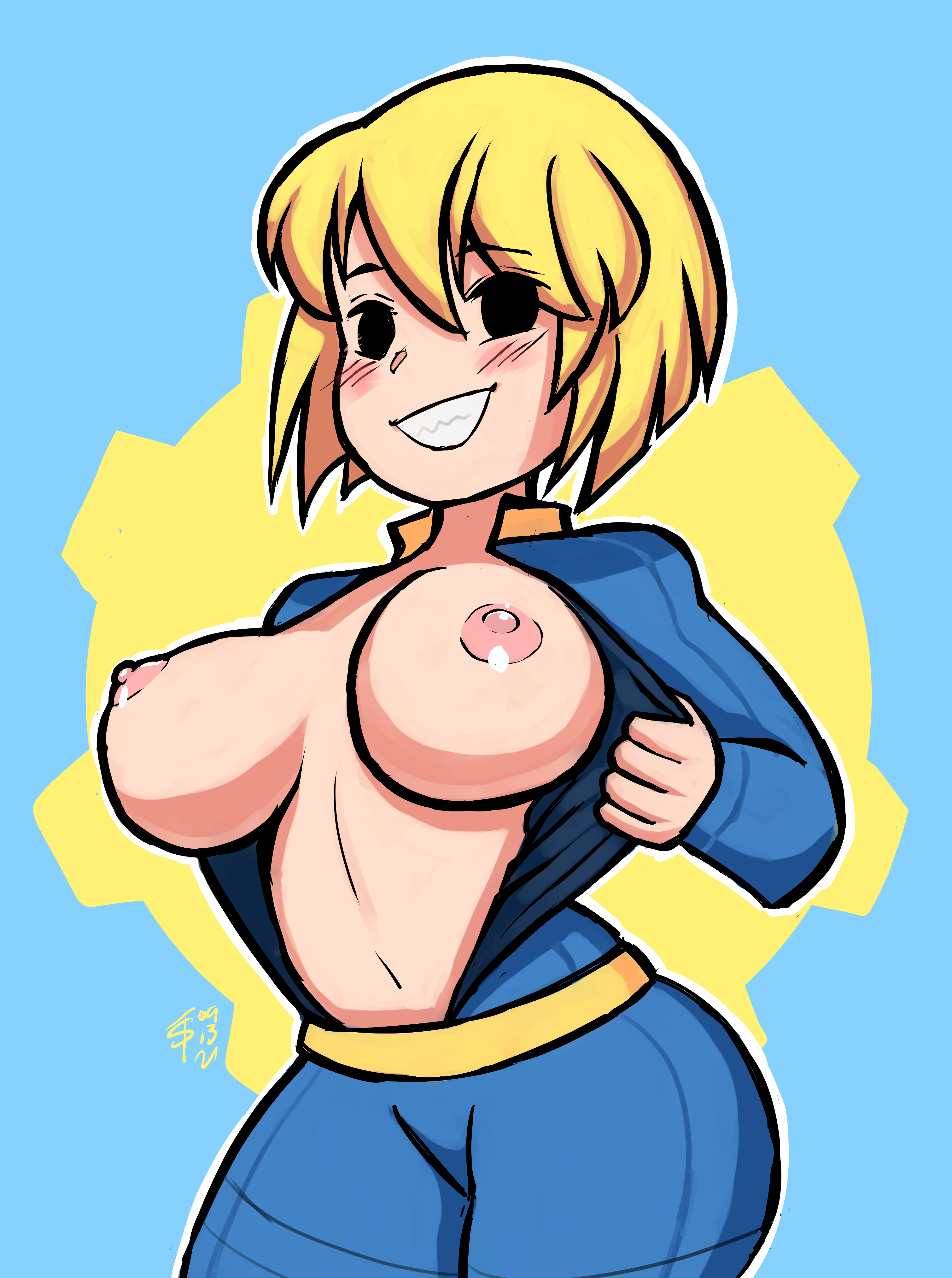 1girls, big breasts, black eyes, blonde hair, blush, breasts, exposed breasts, fallout, female, looking at viewer, mob face, nipples, partially clothed, short hair, simple background, smile, solo, tomboy sama, vault girl, vault suit
