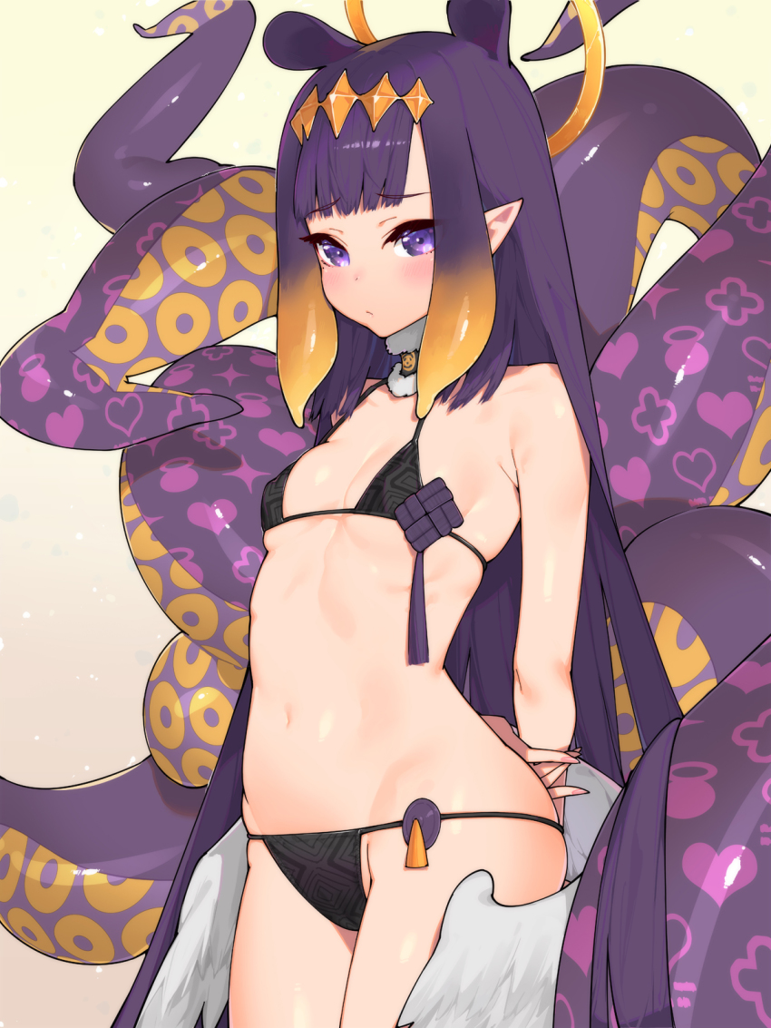 1girls, angel wings, bangs, belly button, bikini, black bikini, blunt bangs, blush, blushing at viewer, breasts, choker, closed mouth, diadem, eyebrows visible through hair, female, female focus, female only, flat chest, flat chested, gradient, gradient background, halo, hands behind back, highres, hololive, hololive english, hololive myth, light skin, light-skinned female, long hair, looking at viewer, mole, mole under eye, multicolored hair, navel, ninomae ina'nis, orange hair, pale skin, pale-skinned female, pointy ears, purple eyes, purple hair, questionable consent, small breasts, solo, swimsuit, tentacle, tiara, very high resolution, very long hair, virtual youtuber, waterring, wings, worried, yellow background