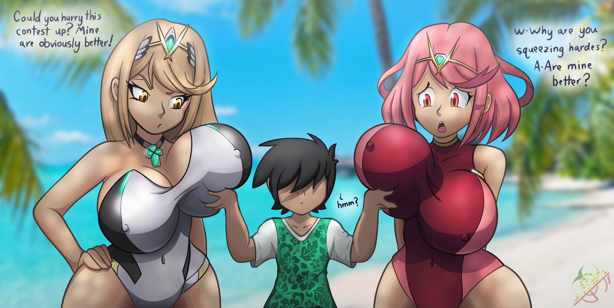 1boy, 2girls, beach, bikini, blonde hair, breast grab, breast squeeze, breasts, curvy figure, dialogue, female, huge breasts, larger female, male, mythra, nintendo, nipples visible through clothing, pyra, red bikini, red hair, roga14, size difference, smaller male, xenoblade (series), xenoblade chronicles 2