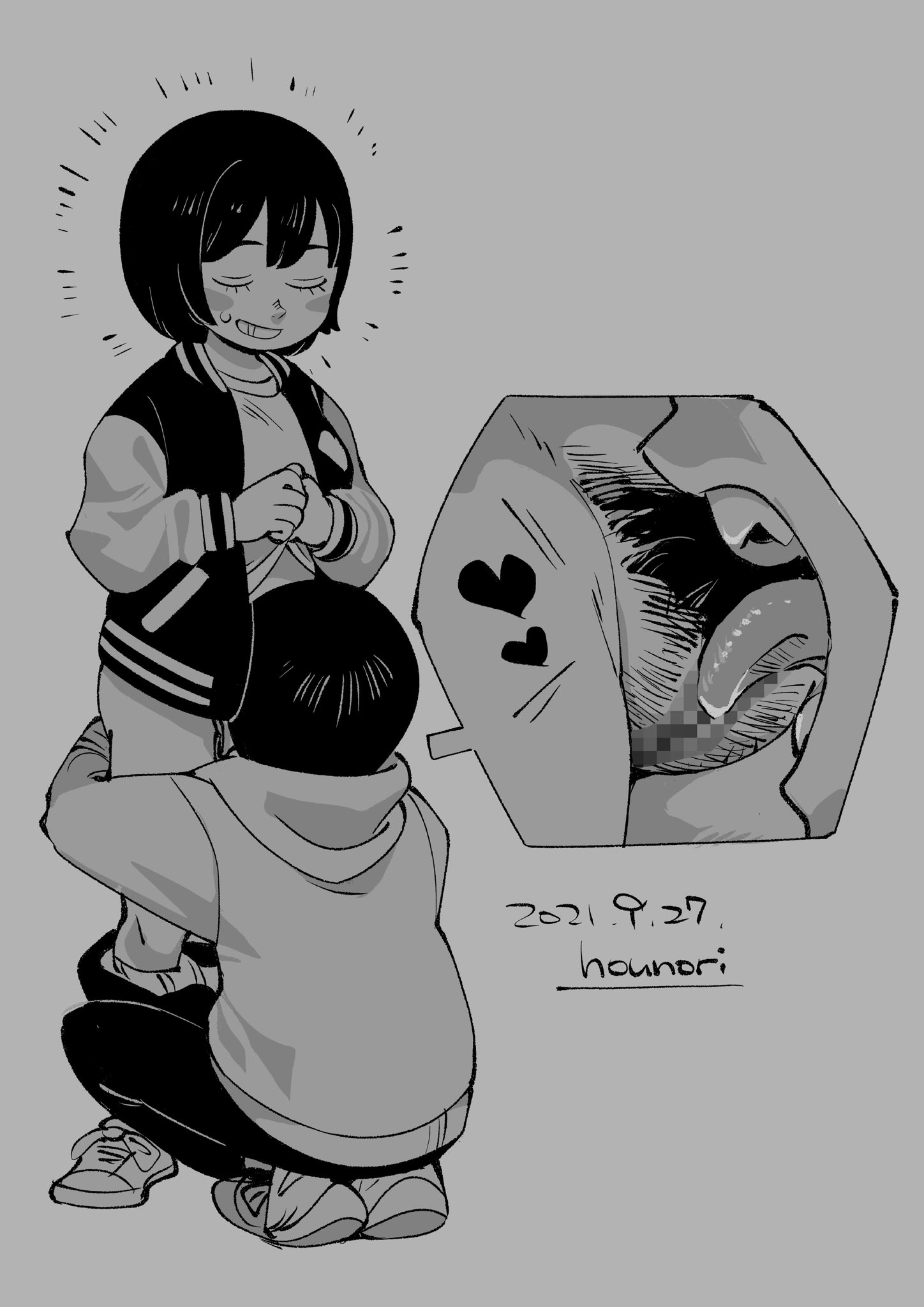 censored, cunnilingus, female, female only, heart, hoodie, hounori, jacket, knighthood, lesbian, licking pussy, pants down, pubic hair, pussy, shirt, squatting, yuri
