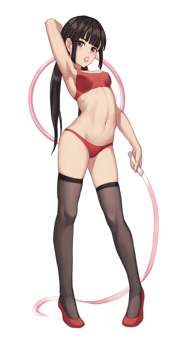 armpits bangs black_legwear blunt_bangs blush bra breasts brown_eyes brown_hair candy chinese eyebrows_visible_through_hair female flats food food_in_mouth full_body holding hoop hula_hoop lollipop long_hair looking_at_viewer low_twintails mool_yueguang mouth_hold navel one_arm_up open_mouth original pigeon_toed red_footwear simple_background small_breasts solo sports_bra standing stomach tagme thighhighs tied_hair twintails underwear white_background