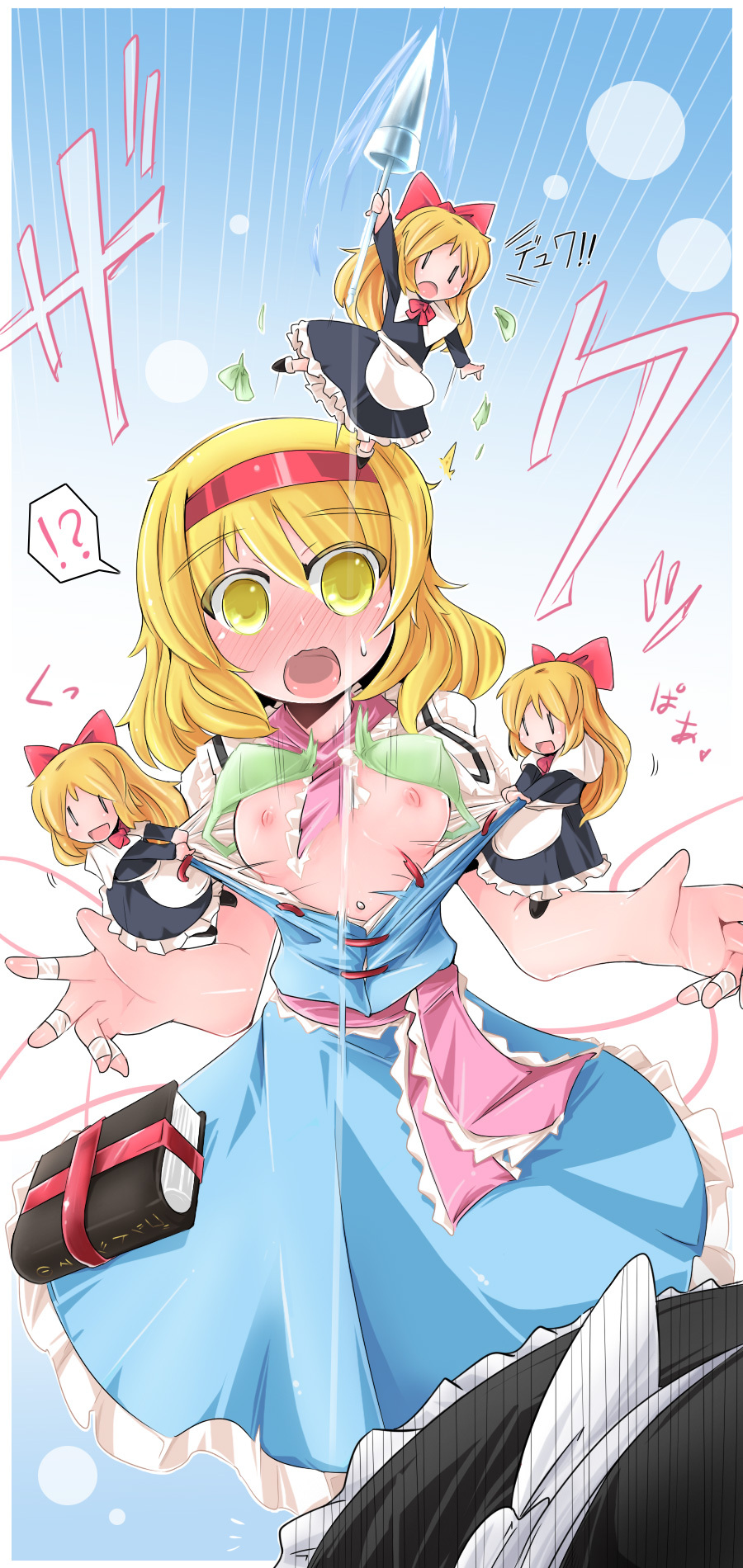 5girls akihara_nakuru alice_margatroid blonde_hair book doll eyebrows_visible_through_hair forced_exposure marisa_kirisame medium_breasts multiple_girls shanghai_doll shocked short_hair surprised torn_bra torn_clothes torn_clothing torn_dress touhou yellow_eyes