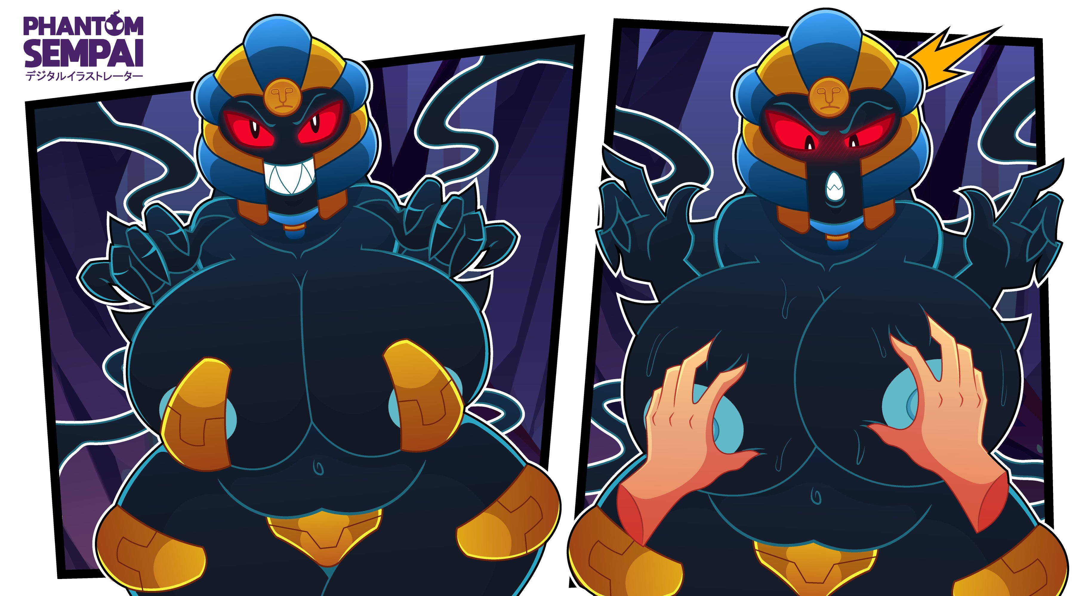 1boy, 1girls, absurd res, areola slip, big breasts, black body, blush, breasts, breasts grab, cofagrigus, disembodied hands, female, looking at viewer, looking down, nintendo, nipple peek, nude, nude female, phantomsempai, pokemon, pokemon (species), pokemon focus, pokemorph, pov, pov eye contact, red eyes, sharp teeth, smile, smiling at viewer, solo, solo female, teeth showing, two panel image