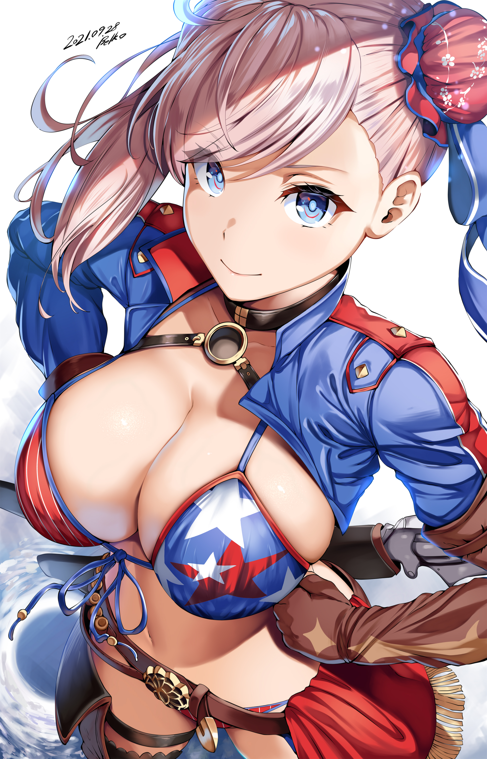 1girls, 2021, alternate version available, american flag bikini, artist signature, asymmetrical hair, belko, bikini, blue eyes, breasts, cropped jacket, fate (series), fate/grand order, female, female focus, hair ornament, hi res, hips, huge breasts, looking at viewer, medium hair, miyamoto musashi (fate), miyamoto musashi (swimsuit berserker), pink hair, slim waist, smile, smiling at viewer, solo, sword, thick thighs, thighs, weapon, wide hips