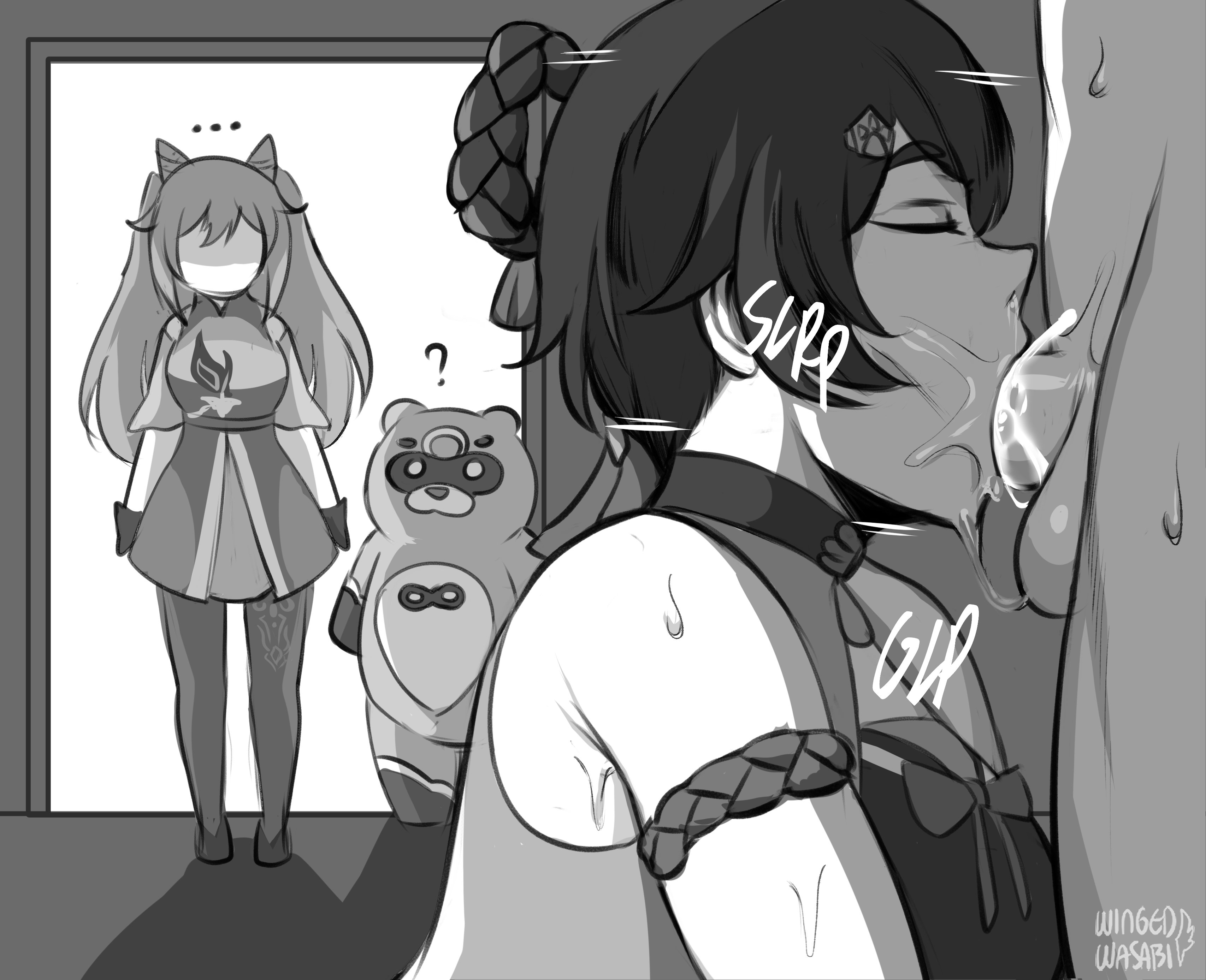 ?, ..., 1boy, 2girls, aether (genshin impact), balls, big breasts, blowjob, breasts, choker, closed eyes, cum, cum in mouth, cum in throat, cum inside, deepthroat, faceless, faceless character, fellatio, female, genshin impact, greyscale, guoba (genshin impact), keqing (genshin impact), long hair, male, monochrome, oral, penis, short hair, small nose, testicles, text, twintails, wingedwasabi, xiangling (genshin impact)
