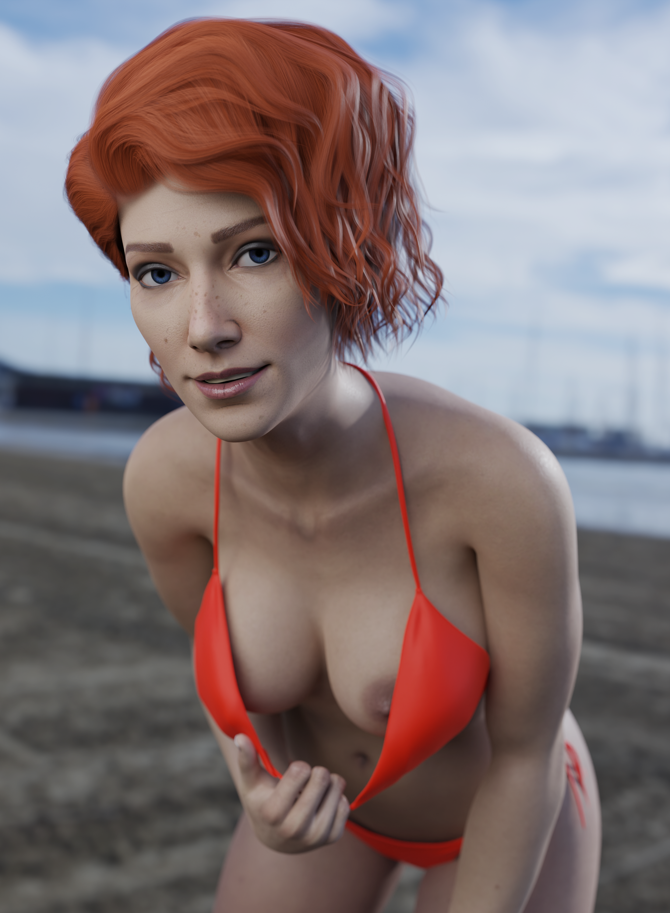 1girls, 3d, apex legends, areolae, bikini, blender, blue eyes, breasts, female, female only, francis brown, horizon (apex legends), looking at viewer, milf, nipples, red hair, solo