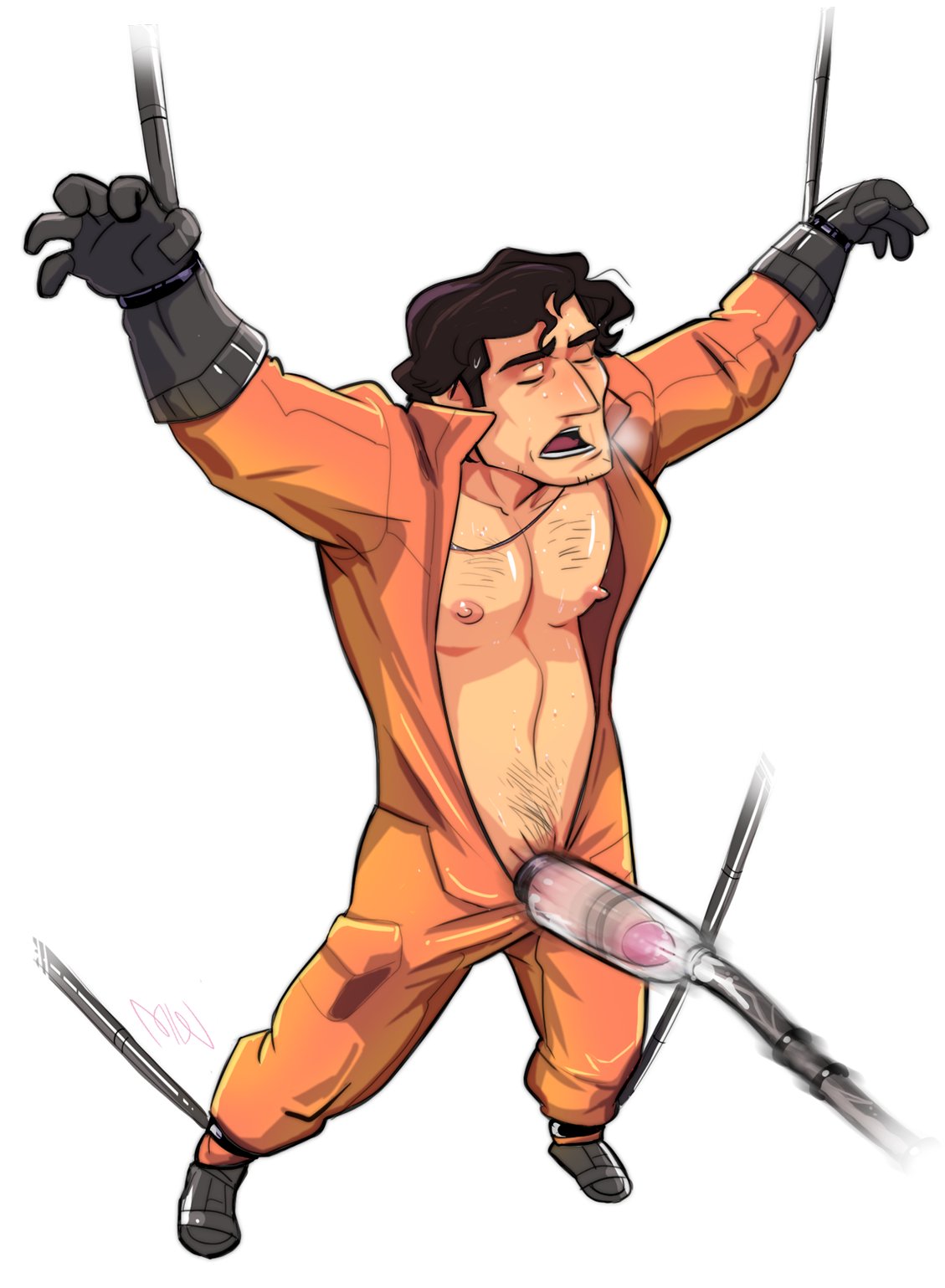 1boy black_hair blush bondage clothed clothing cum cumming gloves hairy hairy_male jumpsuit male male_only mesomorph milkytatiana open_clothes penis_milking penis_pump poe_dameron sex_machine solo solo_male star_wars sweat sweatdrop