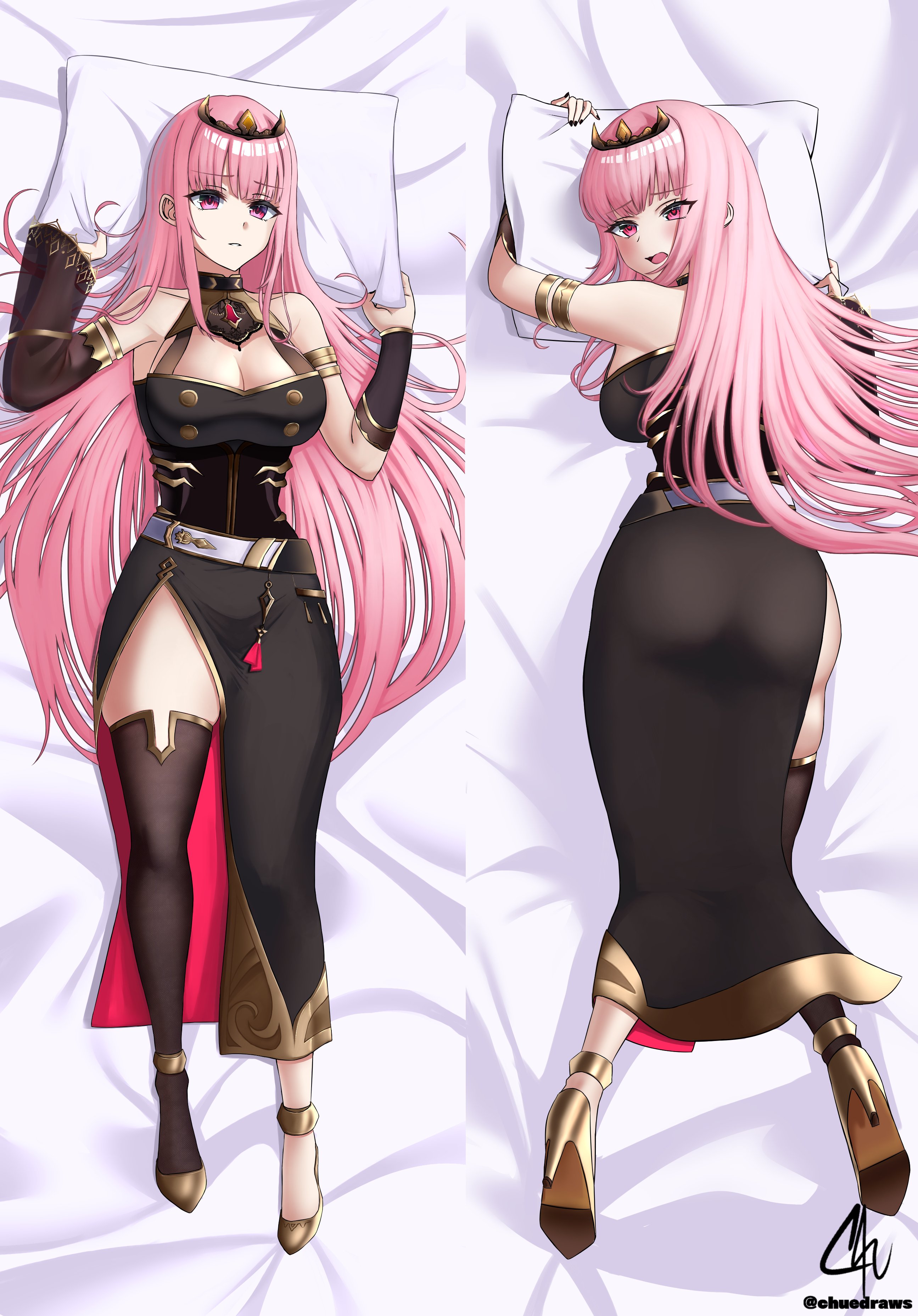 ass, bodypillow, breasts, cleavage, dakimakura, dakimakura design, female, high heels, hololive, hololive english, hololive myth, looking back, mori calliope, open mouth, pillow, pillow grab, thighhighs, thighs, virtual youtuber