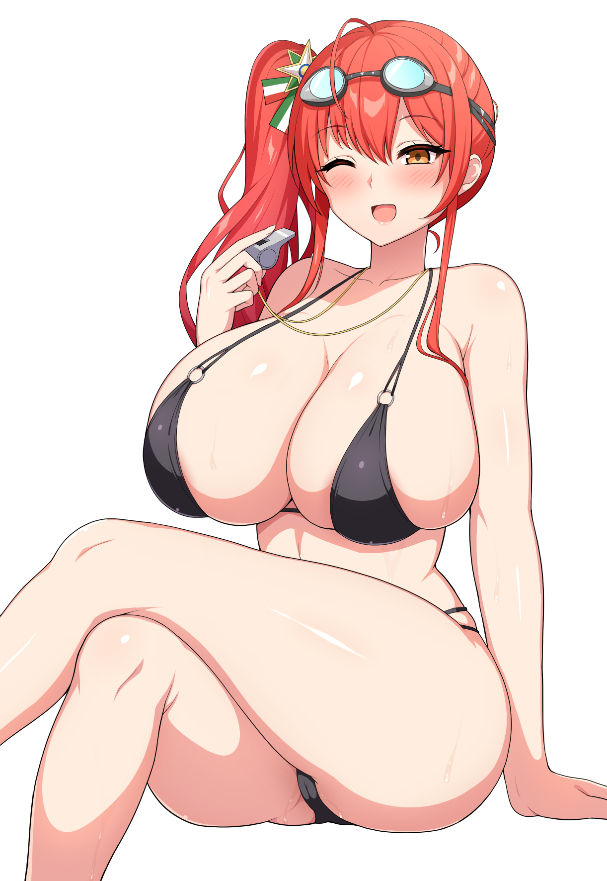 1girls, aikome (haikome), azur lane, big breasts, bikini, breasts, curvy figure, female, haikome, huge breasts, large breasts, micro bikini, one eye closed, orange eyes, red hair, side ponytail, solo, thick thighs, thighs, white background, wide hips, zara (azur lane)