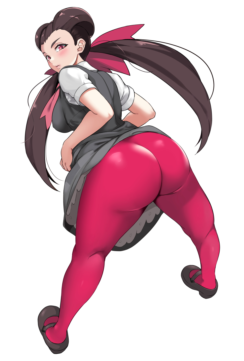 1girls ass big_ass big_breasts big_butt blush breasts brown_hair bubble_ass bubble_butt butt double_bun eyebrows fat_ass female flat_shoes flats gym_leader hair_ribbon jirusu large_ass leggings looking_at_viewer mary_janes nintendo pink_leggings pokemon pokemon_oras pokemon_rse red_eyes roxanne_(pokemon) roxanne_(pokemon_oras) solo thick_thighs thighs tight_clothing twintails white_background