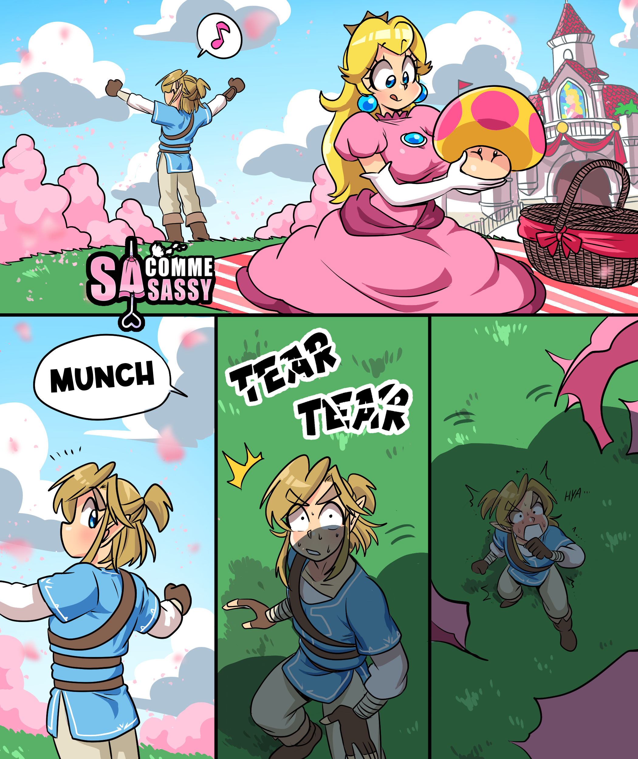 1girls, breasts, breath of the wild, clothes ripping, female, giantess, growth, implied growth, link, link (breath of the wild), mario (series), mega mushroom, nintendo, princess peach, sasatseng, super mario bros., tagme, the legend of zelda, wardrobe malfunction