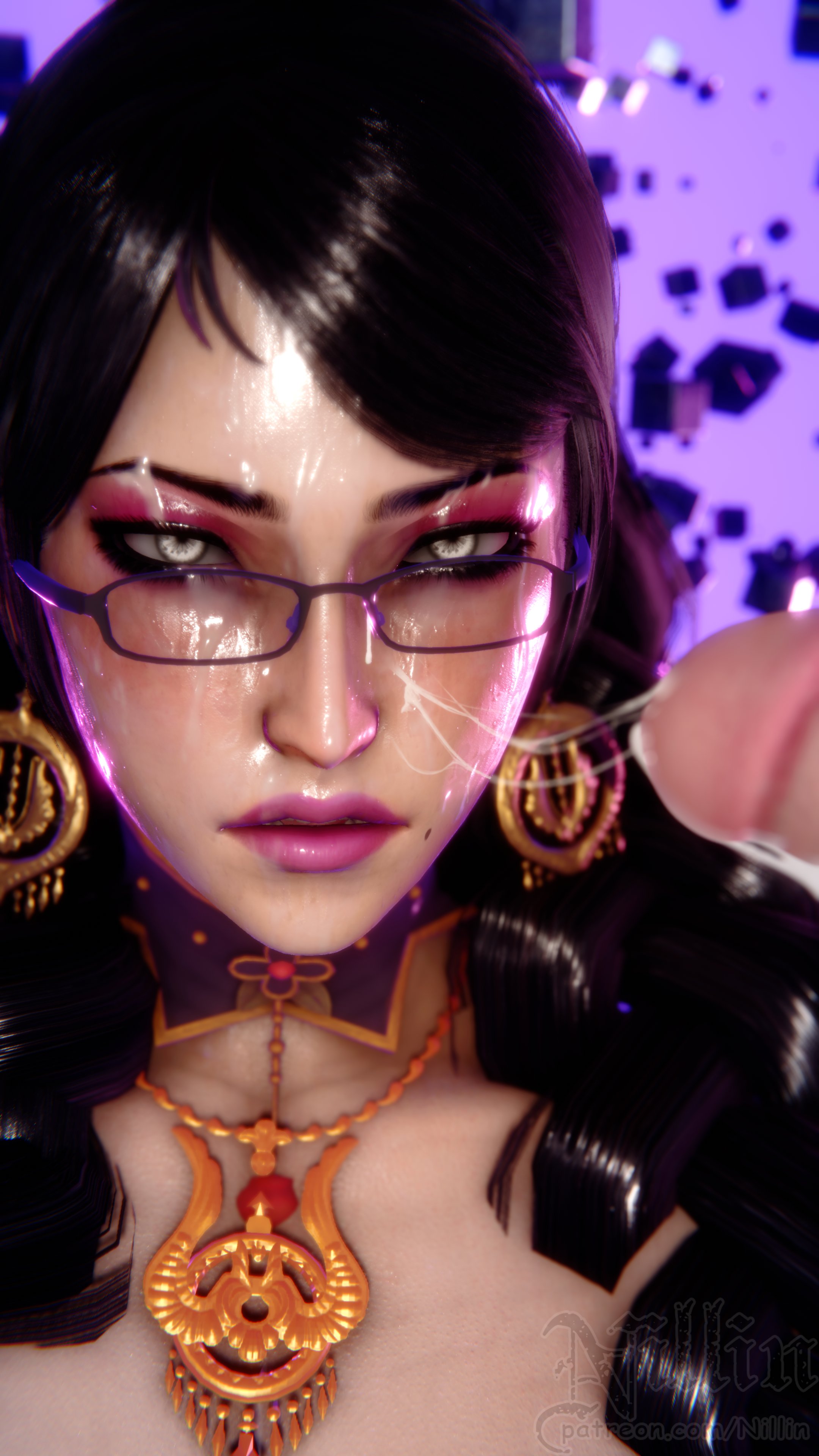 3d, 4k, angry, bayonetta, bayonetta (character), bayonetta 3, black hair, cum on face, cumshot, disgusted, female, glasses, nillin (artist)