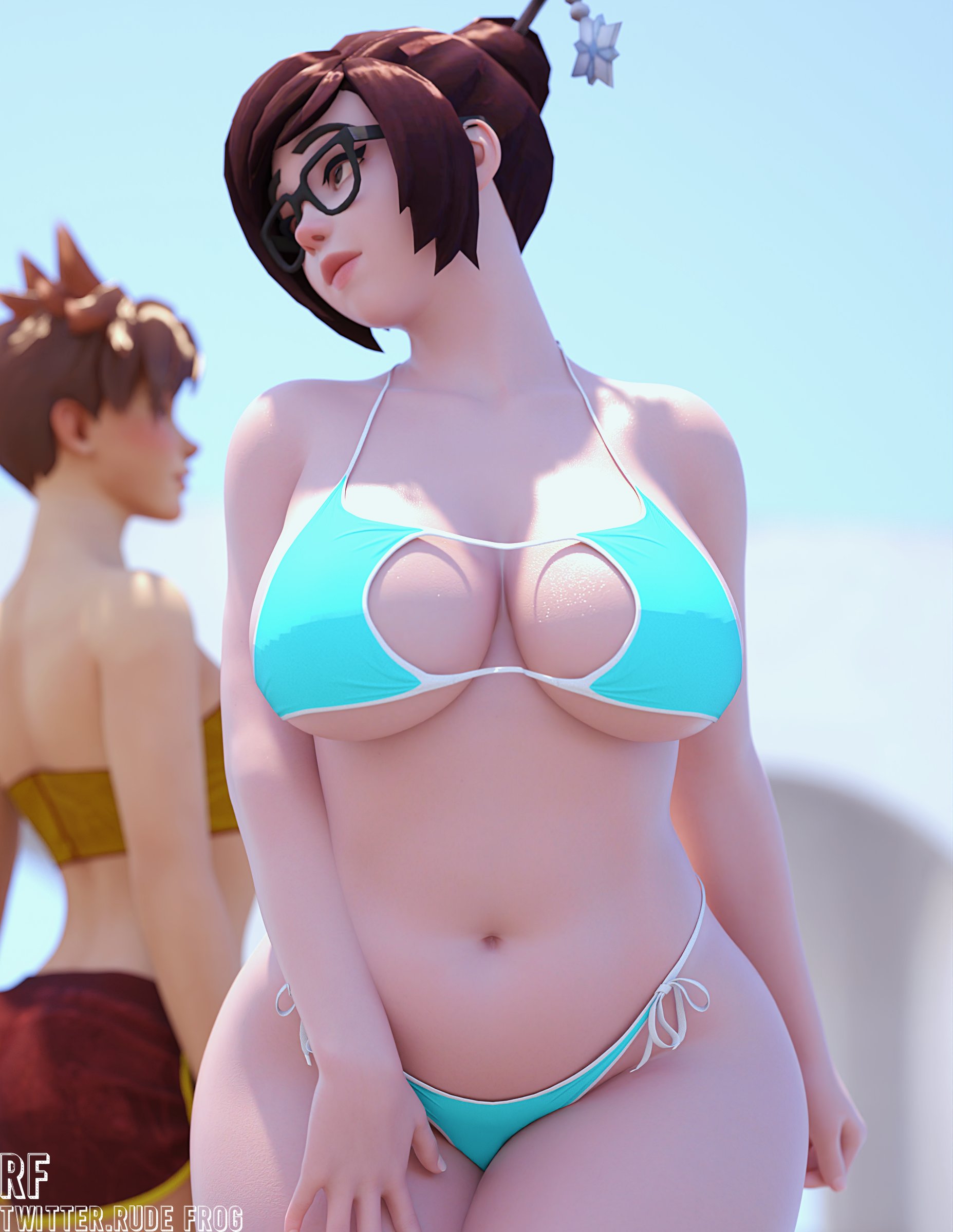 2girls, 3d, bikini, breasts, brown eyes, brown hair, cleavage, female, female only, glasses, large breasts, looking away, mei (overwatch), mei ling zhou, navel, overwatch, rude frog, solo focus, thick, thick thighs, tied hair, tracer, underboob, wide hips