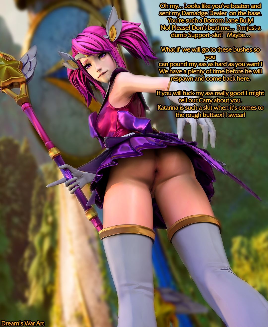 anus, anus peek, ass, clothed, dirty talk, dreamswarart, fantasy, female, female only, flashing, flashing pussy, league of legends, league of legends: wild rift, luxanna crownguard, pink hair, pussy, pussy peek, riot games, speech bubble, star guardian lux, star guardian series, submissive female, text, text box, twintails, upskirt