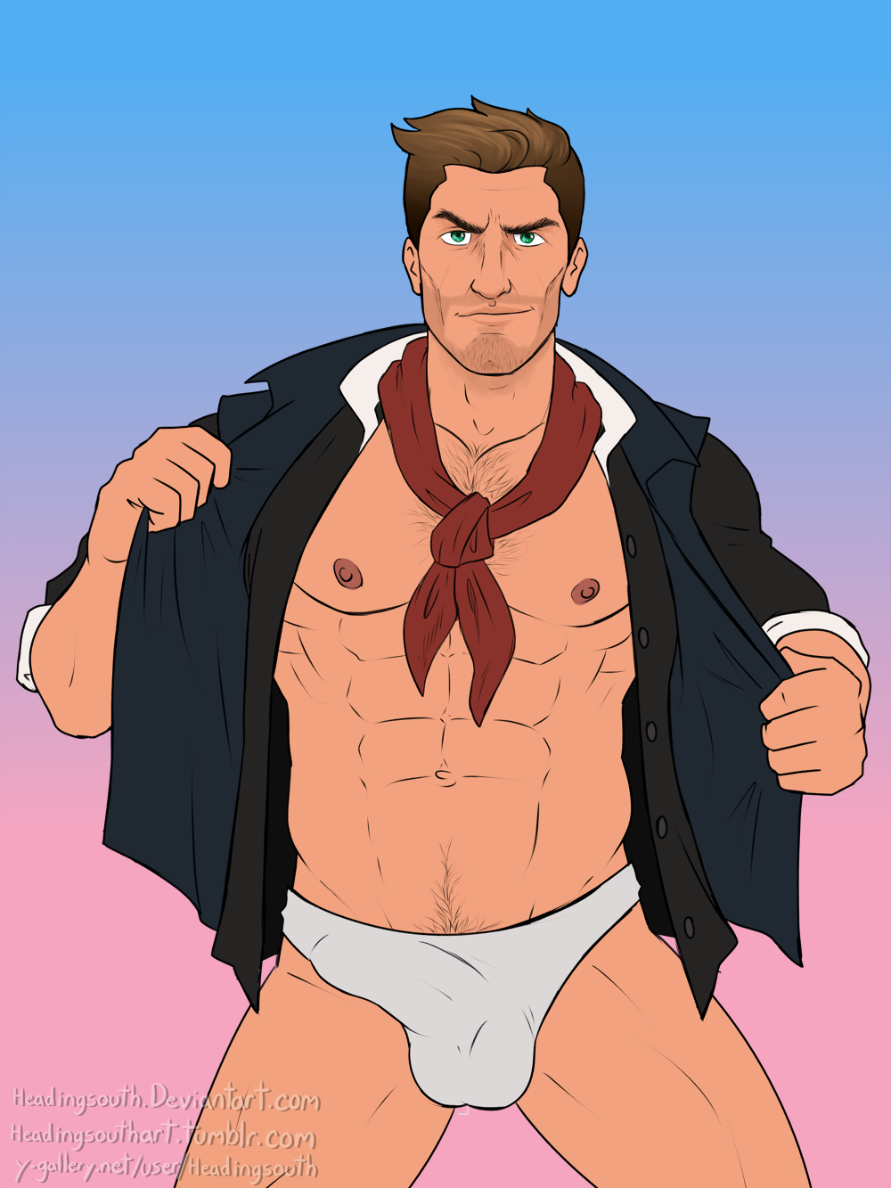 abs bioshock bioshock_infinite booker_dewitt bulge chest_hair dilf gradient_background green_eyes handkerchief headingsouth male male_only muscular muscular_male penis_outline speedo stubble treasure_trail white_speedo