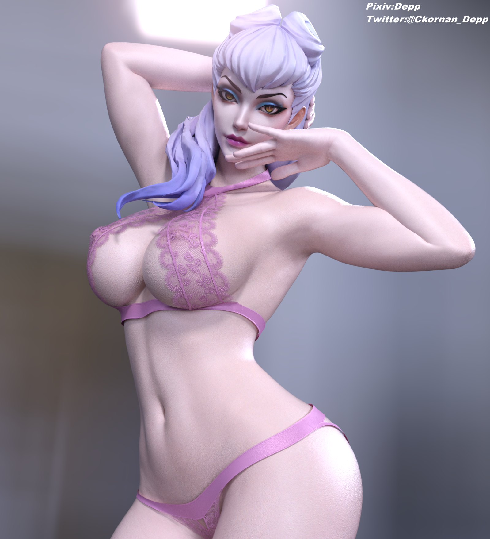 3d, 3d (artwork), armpit, ass, breasts, depp (artist), evelynn, female, inner sideboob, k/da all out evelynn, k/da all out series, large breasts, league of legends, light skin, light-skinned female, looking at viewer, nipples, nipples visible through clothing, pale skin, pale-skinned female, pink bra, pink panties, purple hair, sideboob, tagme, thighs