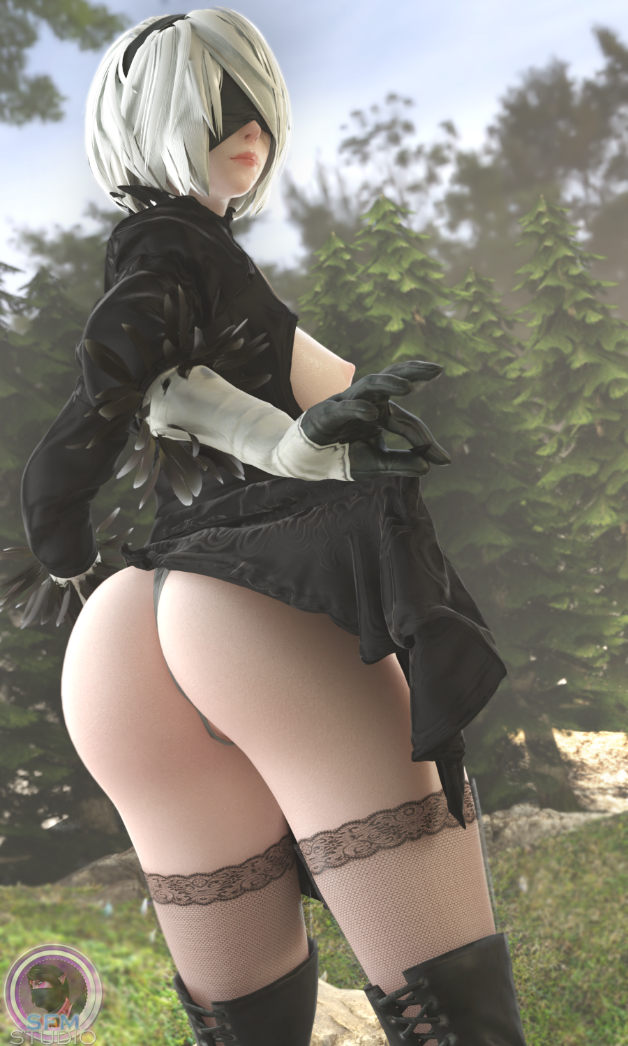 1girls 3d ass blindfold breasts female headband light-skinned_female light_skin nier:_automata nipples pussy sfmstudio solo solo_female standing upskirt white_hair yorha_2b