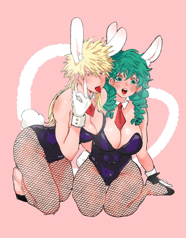 2girls blonde_hair blush bunny_ears bunny_girl bunny_tail bunnysuit cleavage collar cuffs female_bakugou female_deku fishnet_stockings fishnets flipping_off freckles genderswap gloves green_eyes green_hair heels izuku_midoriya katsuki_bakugou large_breasts multiple_girls my_hero_academia open_mouth pigtails rule_63 spiky_hair tie tongue_out