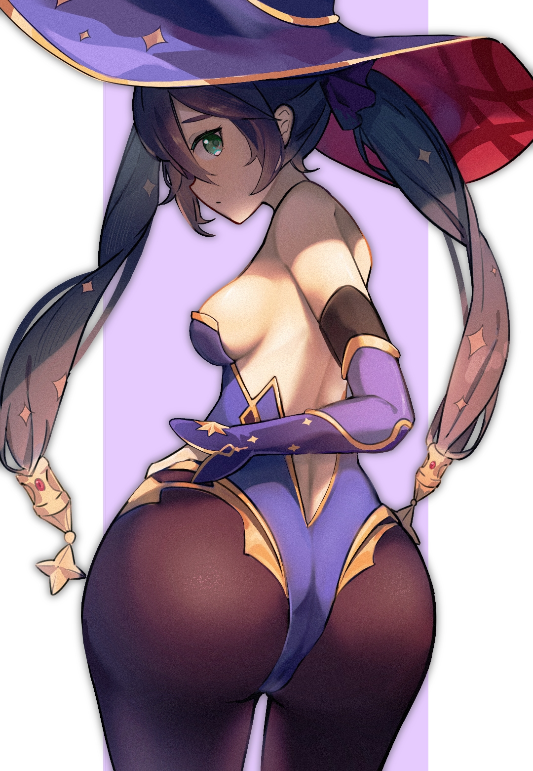 1girls, ass, blue eyes, breasts, clothed, clothing, female, genshin impact, hat, long hair, looking at viewer, mona (genshin impact), purple hair, sideboob, solo, twintails, woodrice