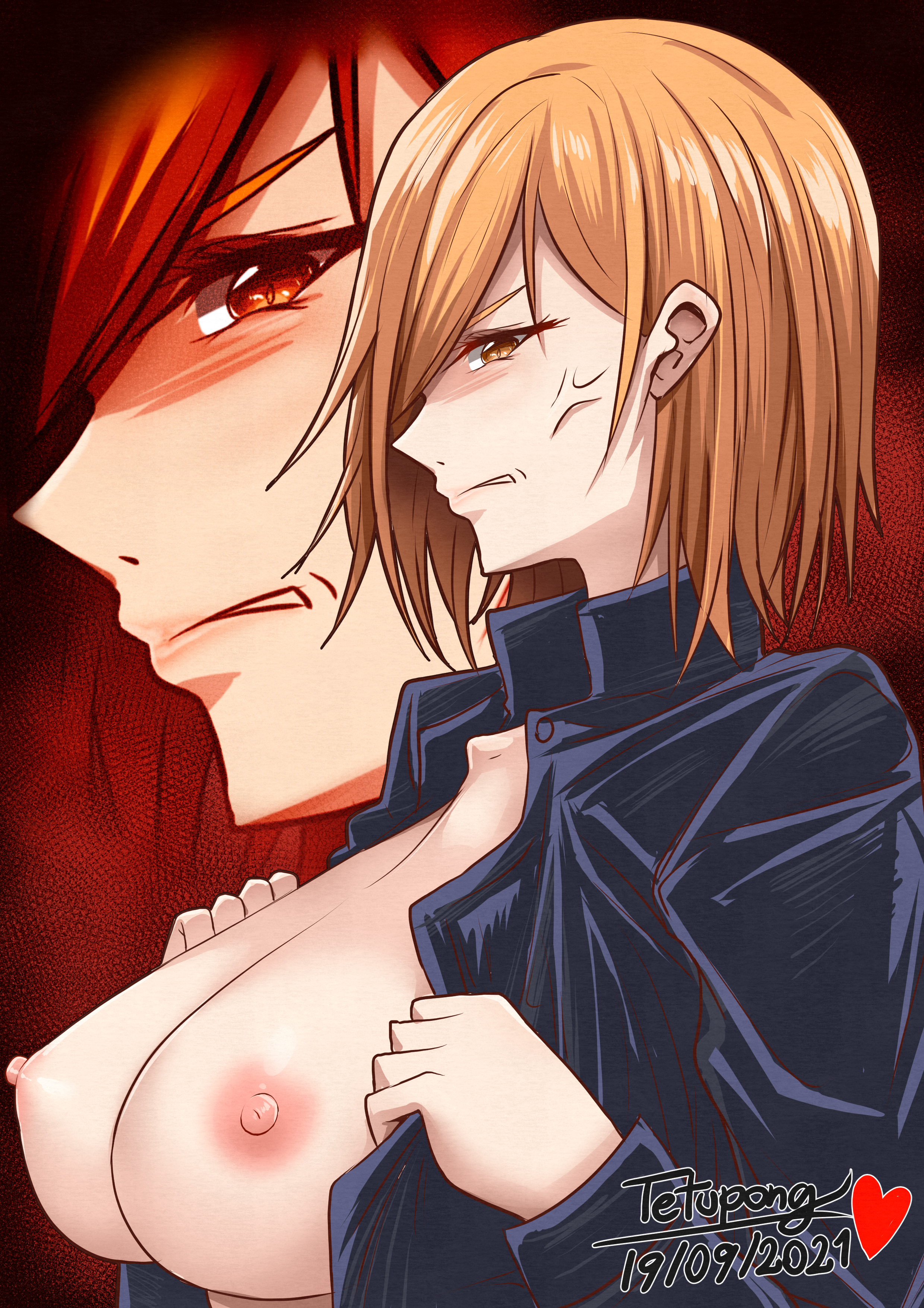 1girls, 2021, angry, areolae, big breasts, blush, breasts, brown eyes, brown hair, brown-haired female, dated, female, jujutsu kaisen, kugisaki nobara, large breasts, nipples, short hair, solo, tetupong, upper body