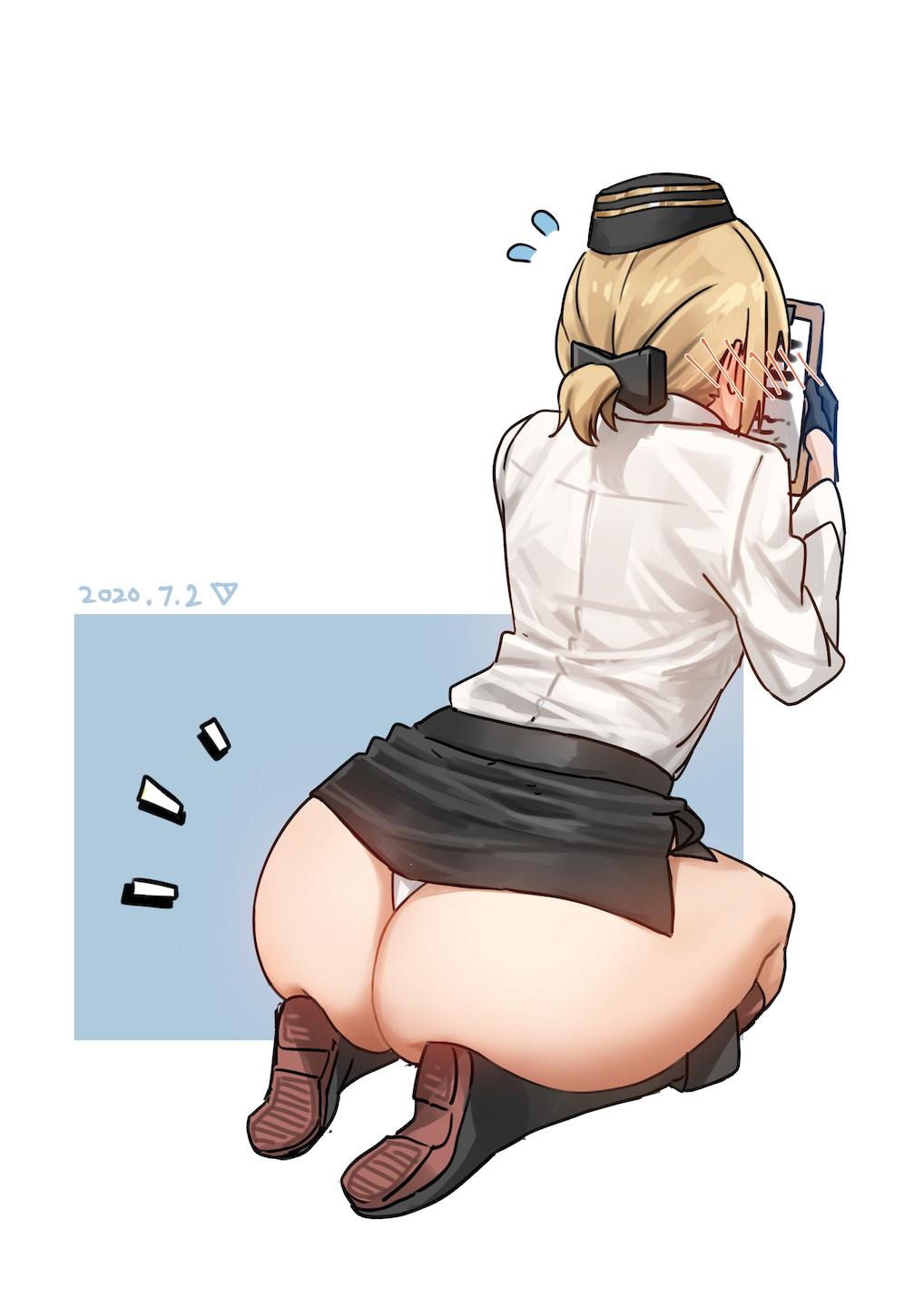 ass blonde_hair blush clipboard clothes_lift facing_away female garrison_cap girls'_frontline gloves hat highres mp40_(girls'_frontline) panties pencil_skirt plump ponytail seiza simple_background sitting skirt solo triangle_bullet underwear white_panties