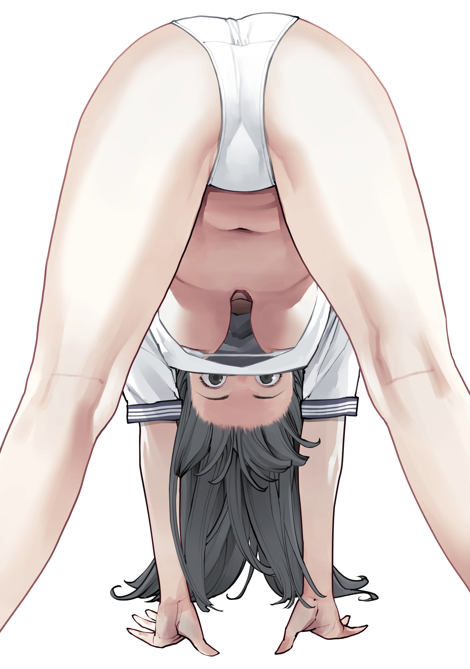 1girls, all fours, ass, black hair, breasts, cleavage, clothed, female, from behind, inamitsu shinji, long hair, looking at viewer, medium breasts, panties, solo, strap gap, underboob, underwear, upshirt, upside-down, white background, white panties