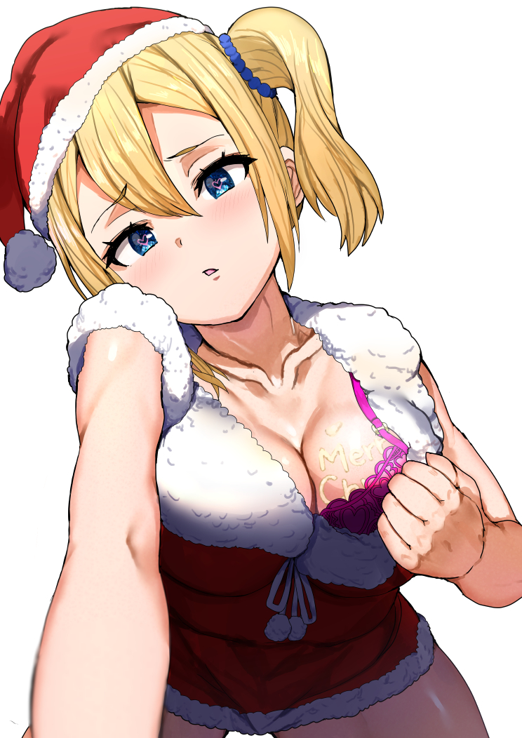 1girls 2021 blonde_hair blue_eyes blush bra breasts christmas christmas_hat christmas_outfit cleavage collarbone female female_focus female_only hayasaka_ai heart-shaped_pupils kaguya-sama_wa_kokurasetai_~tensai-tachi_no_renai_zunousen~ looking_at_viewer side_ponytail sikijou77o simple_background skj_77o solo solo_female white_background