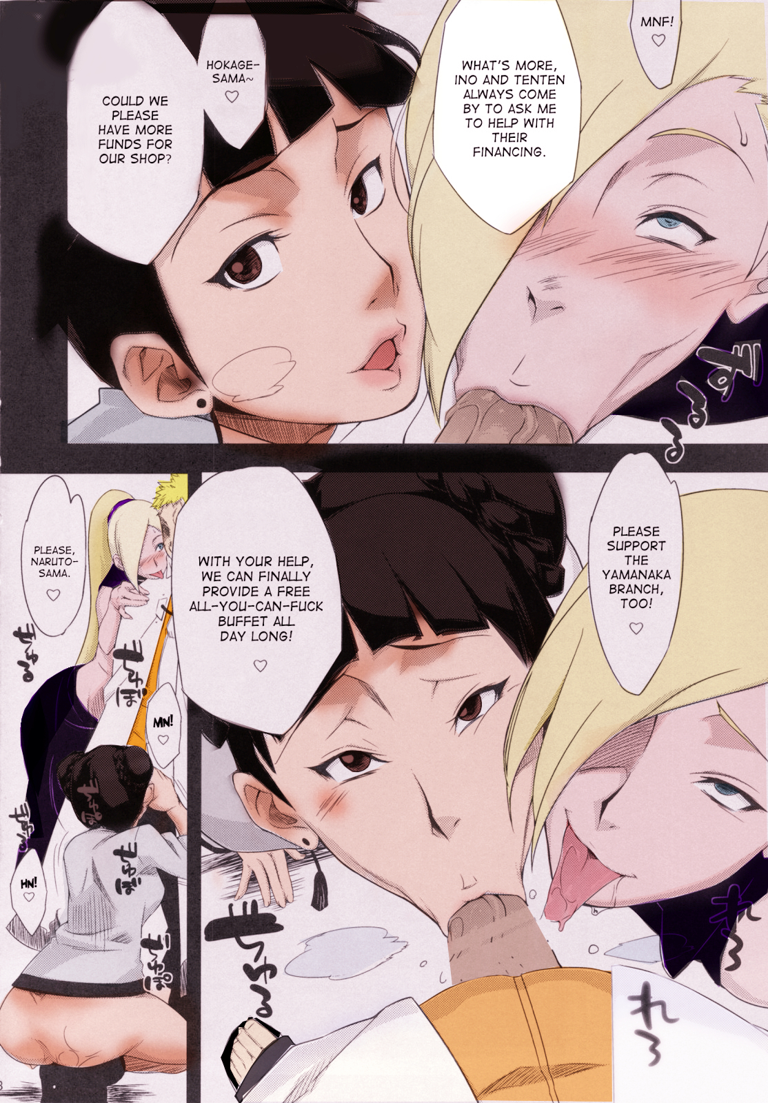 :>=, 1boy, 2girls, anteater face, bare ass, blonde hair, blowjob, blue eyes, blush, boruto: naruto next generations, brown eyes, brown hair, cape, clothed sex, clothing, collaborative fellatio, colored, comic, dialogue, double bun, earrings, fellatio, female, female focus, ffm, ffm threesome, ino yamanaka, jacket, male, male pov, multiple females, multiple girls, multiple views, naruto, naruto (series), no panties, oral, oral sex, partially clothed, penis, pov, shirt, skirt, sleeveless, sleeveless shirt, speech bubble, squatting, standing, sunahara wataru, talking, teamwork, tenten, text, threesome, tied hair, tongue, tongue out, uzumaki naruto, veiny penis, yamanaka ino