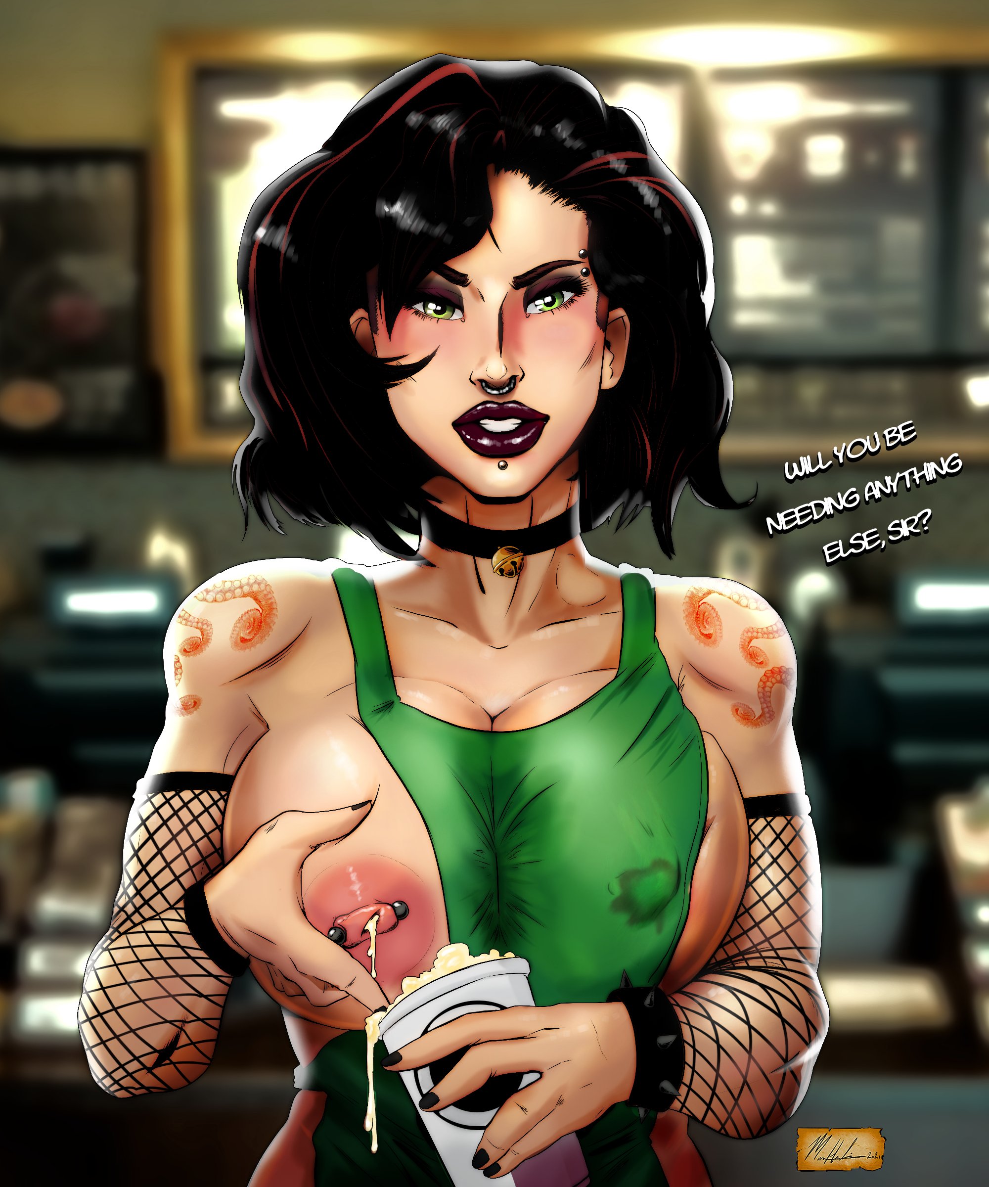 apron, apron only, areolae, big breasts, black hair, blush, blushing, bracelet, breasts, busty, chin piercing, choker, cleavage, erect nipples, eyebrow piercing, female, female focus, female only, fishnet, fishnet armwear, fishnets, goth, green eyes, hotsriracha, hourglass figure, iced latte with breast milk, lactating, lactation, large breasts, lipstick, long hair, makeup, meme, nail polish, nipple piercing, nipples, nose piercing, pendant, piercing, septum piercing, sideboob, spiked bracelet, tagme, tattoo, waitress, waitress uniform, wide hips