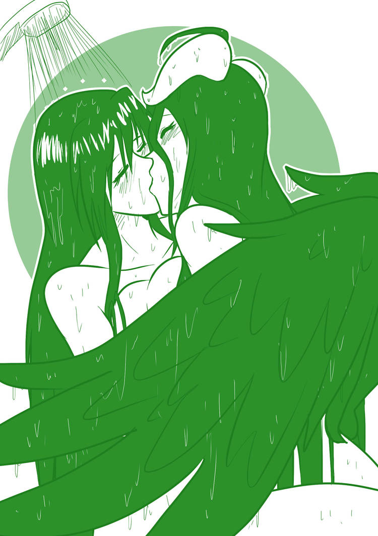 2demons 2girls akeno_himejima albedo_(overlord) black_hair blush blushing closed_eyes collarbone crossover crossover_pairing demon demon_girl demoness fallen_angel feathered_wings feathers female female_only green_theme high_school_dxd horns kiss kissing long_hair making_out mattwilson83 monochrome overlord_(maruyama) plain_background shower shower_sex simple_background succubus very_long_hair wet white_background wings yuri