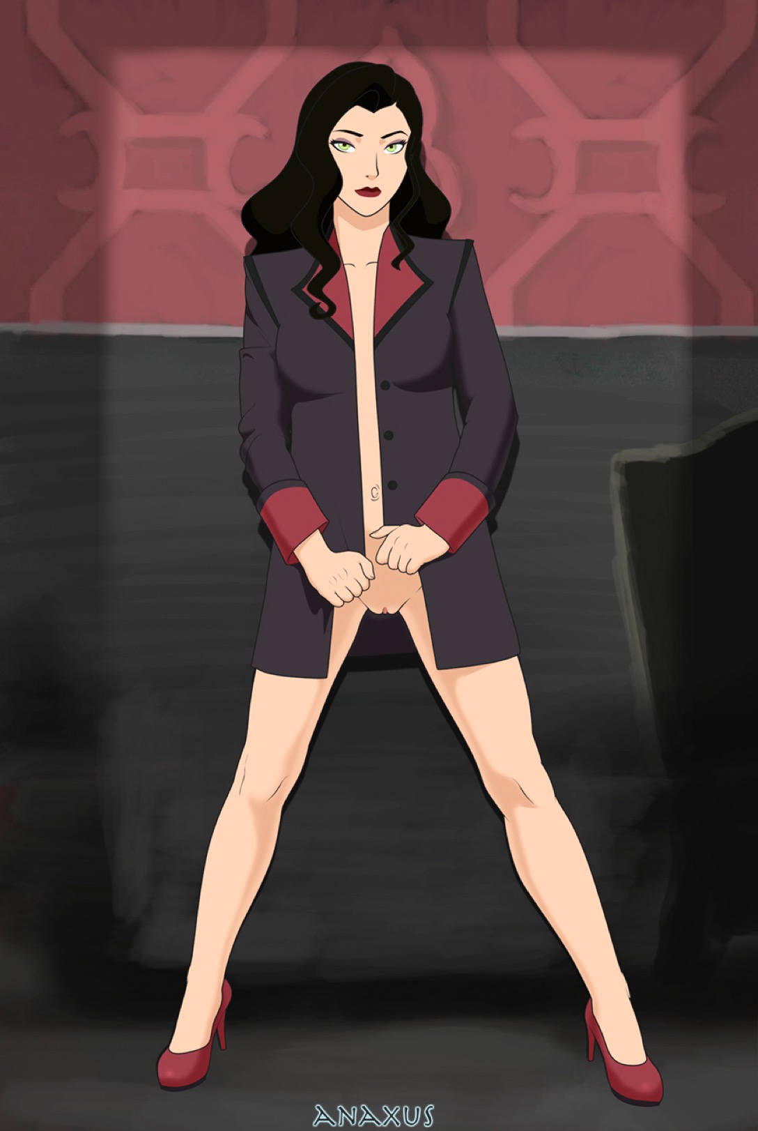 1girls, anaxus, artist name, asami sato, avatar legends, black hair, bottomless, breasts, clothing, female, flashing, green eyes, high heels, lipstick, looking at viewer, naked coat, naked footwear, pussy, pussy peek, small breasts, spread legs, the legend of korra